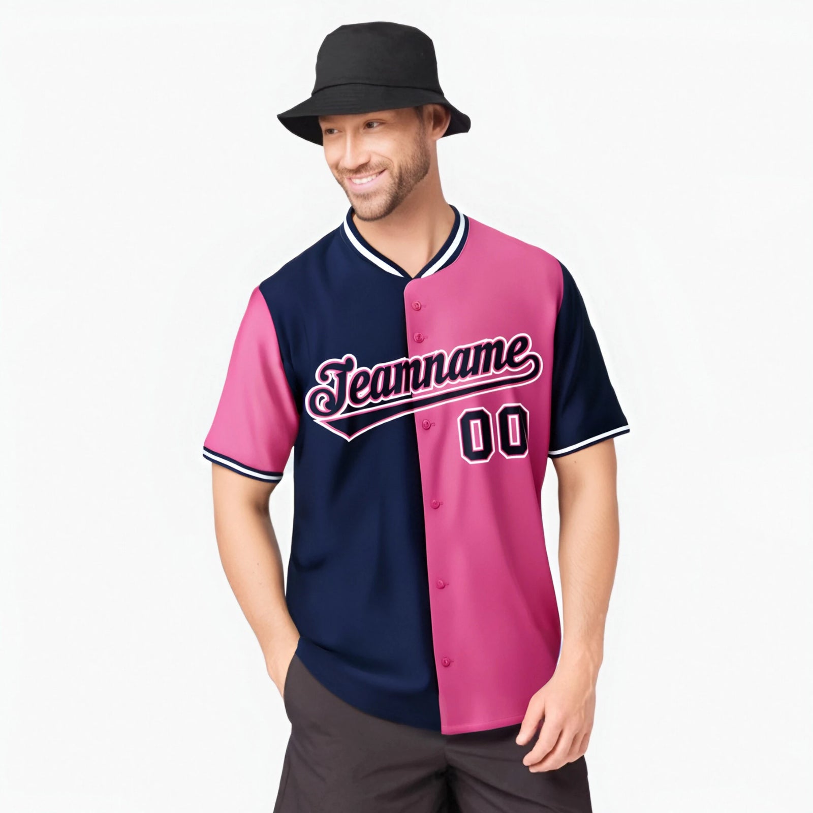 Custom Navy Pink Authentic Split Fashion Baseball Jersey