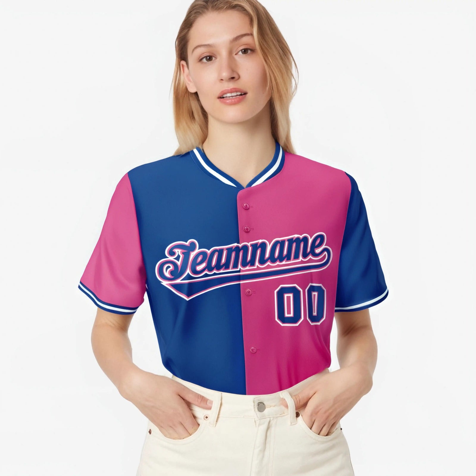 Custom Royal Blue Pink Authentic Split Fashion Baseball Jersey