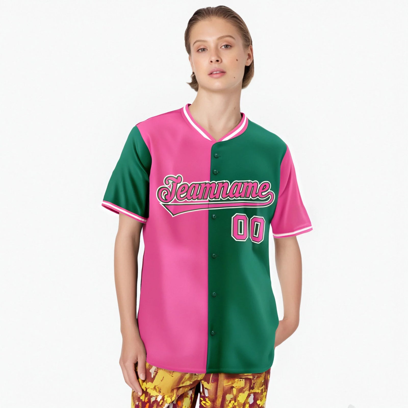 Custom Pink Kelly Green Authentic Split Fashion Baseball Jersey
