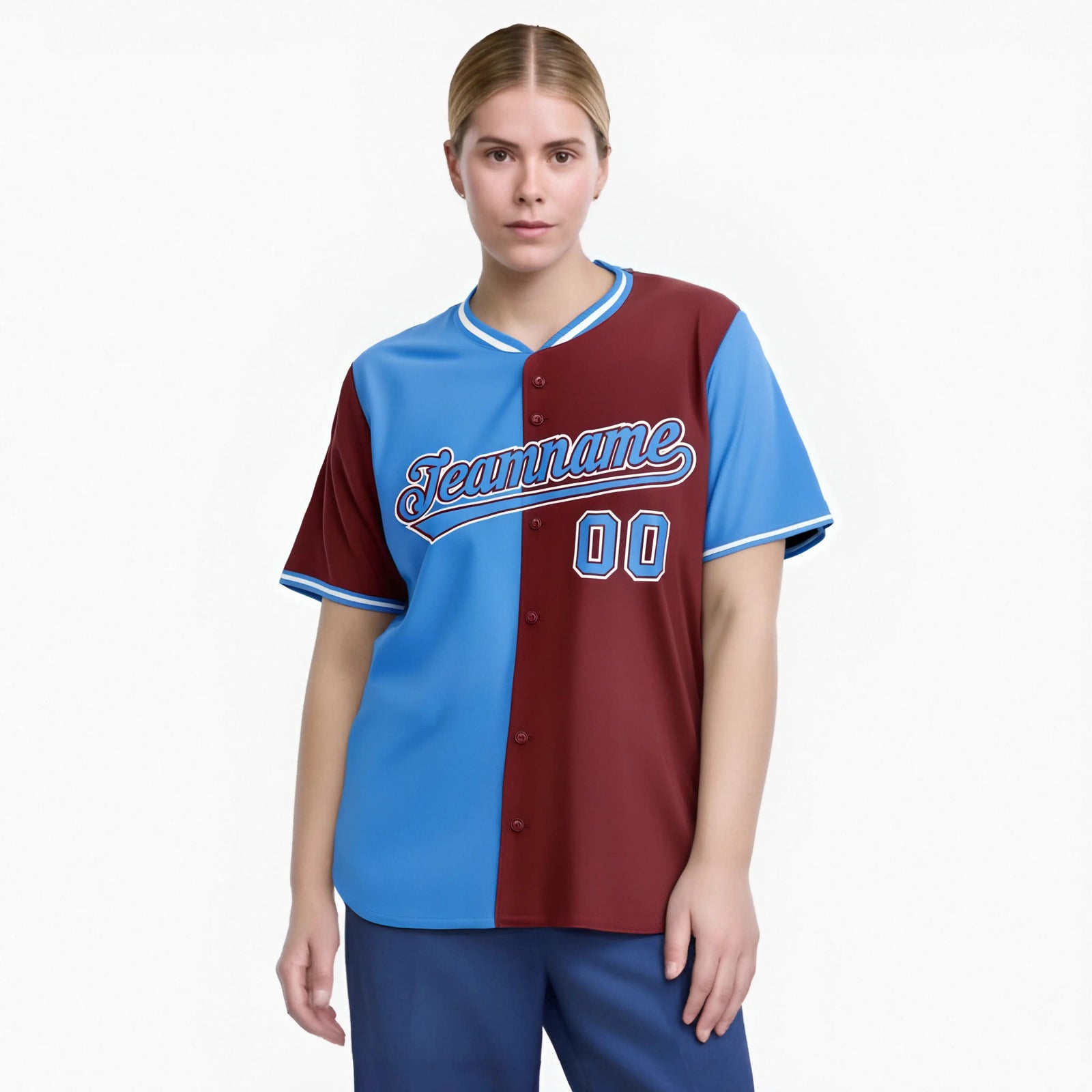 Custom Powder Blue Crimson Authentic Split Fashion Baseball Jersey
