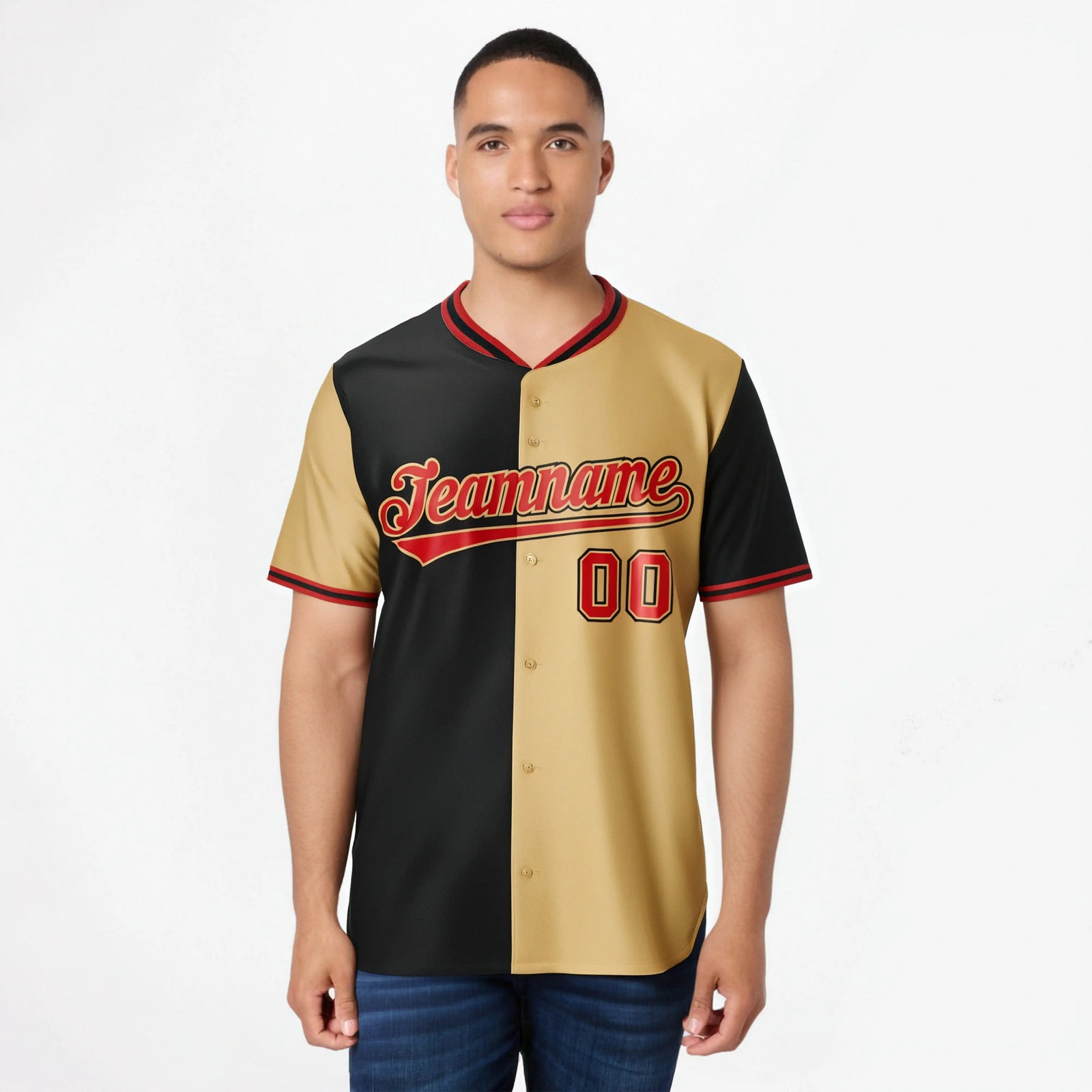 Custom Black Old Gold-Red Authentic Split Fashion Baseball Jersey