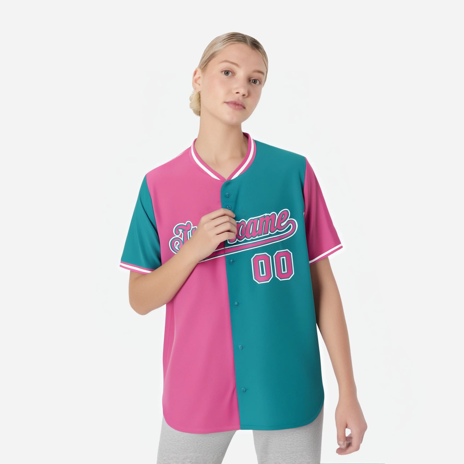 Custom Pink Aqua Authentic Split Fashion Baseball Jersey