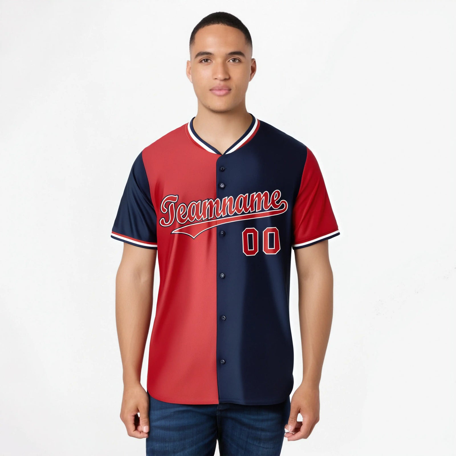 Custom Red Navy Authentic Split Fashion Baseball Jersey