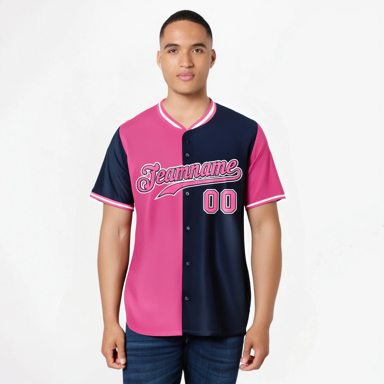 Custom Pink Navy Authentic Split Fashion Baseball Jersey