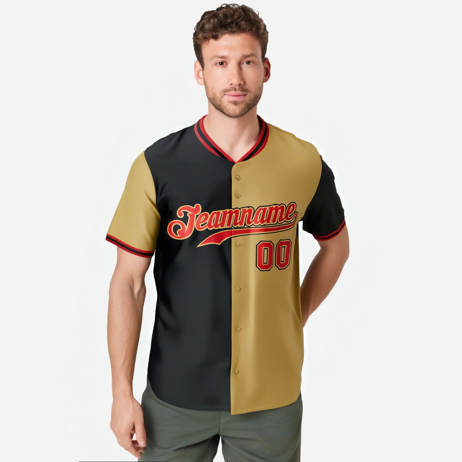 Custom Black Old Gold-Red Authentic Split Fashion Baseball Jersey