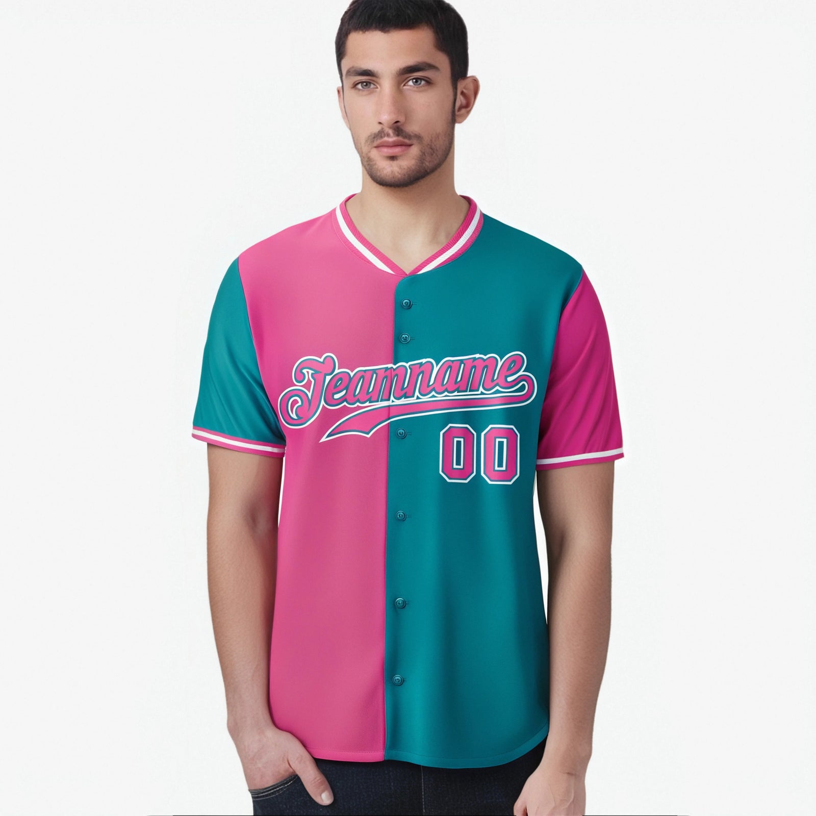 Custom Pink Aqua Authentic Split Fashion Baseball Jersey