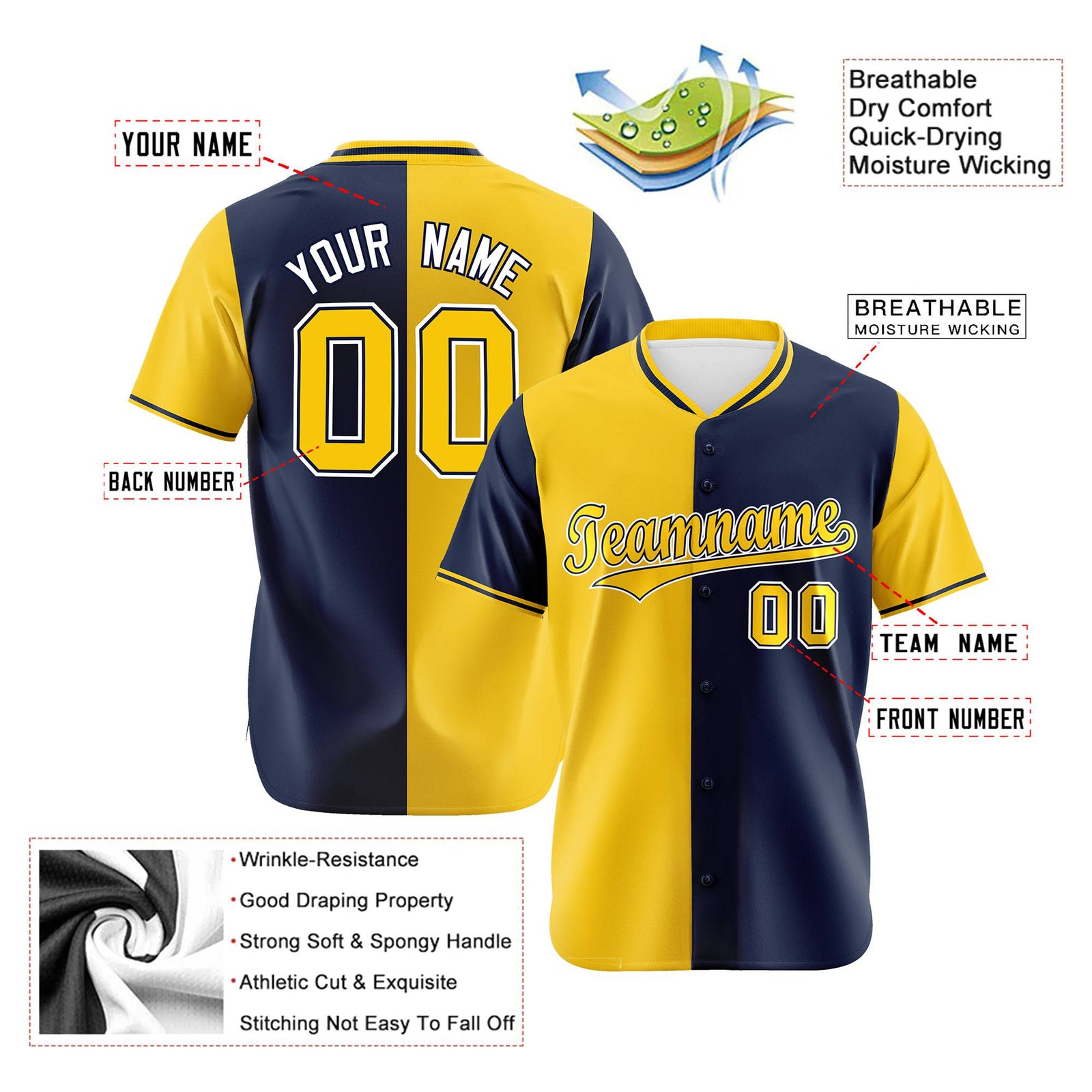 Custom Gold Navy Authentic Split Fashion Baseball Jersey