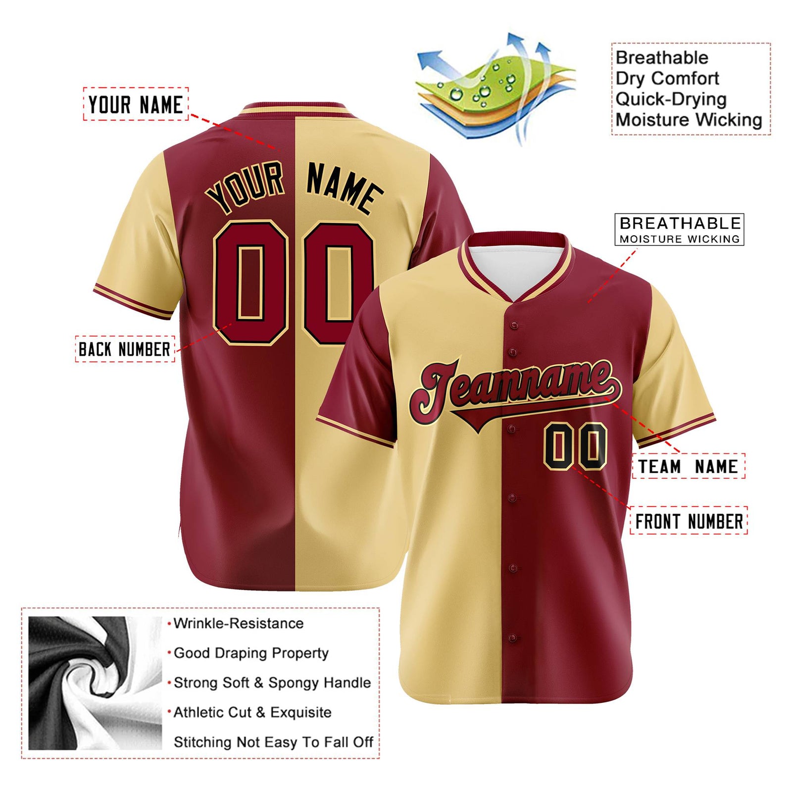 Custom Khaki Crimson Authentic Split Fashion Baseball Jersey