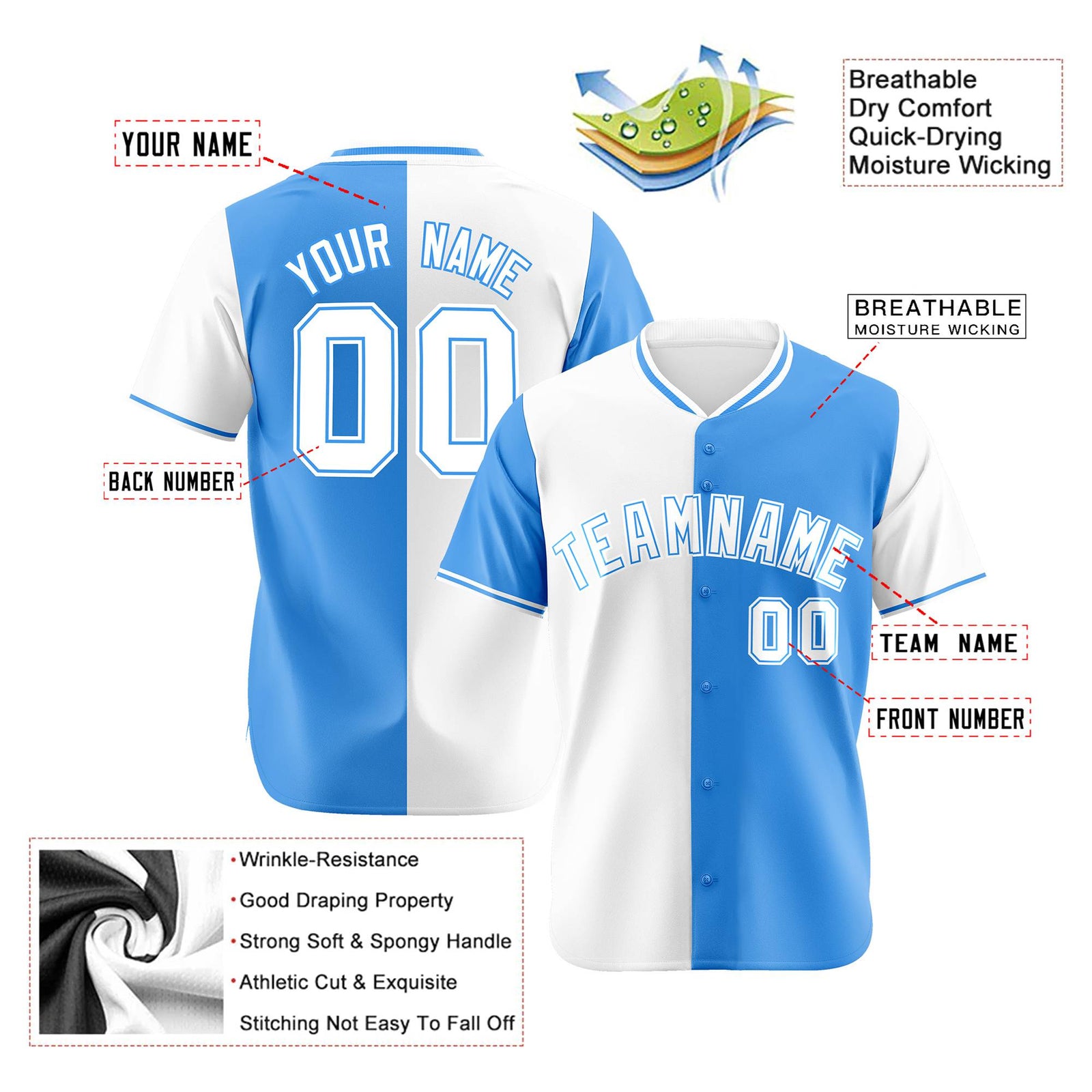 Custom White Powder Blue Authentic Split Fashion Baseball Jersey