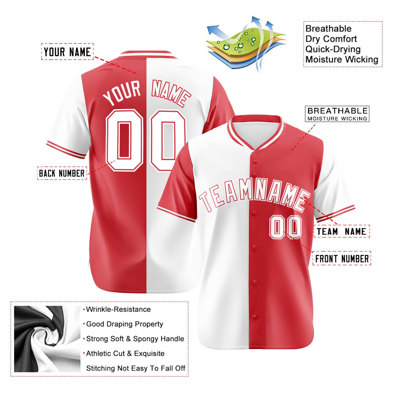 Custom White Light Red Authentic Split Fashion Baseball Jersey