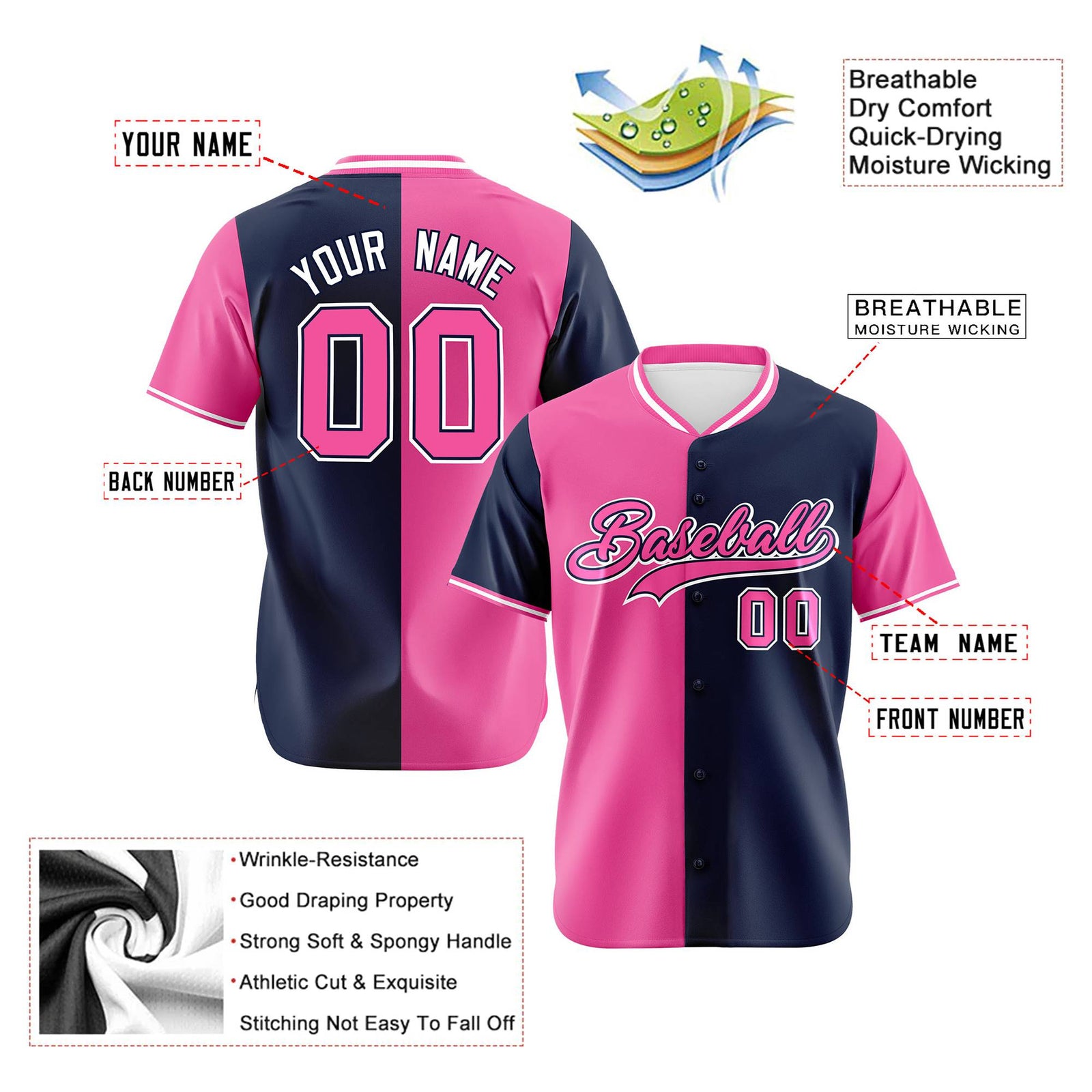 Custom Pink Navy Authentic Split Fashion Baseball Jersey