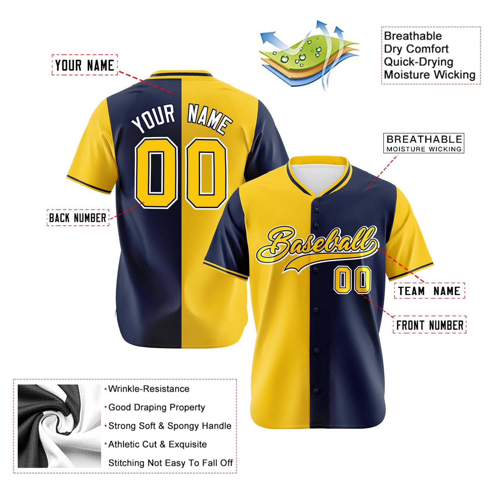Custom Gold Navy Authentic Split Fashion Baseball Jersey