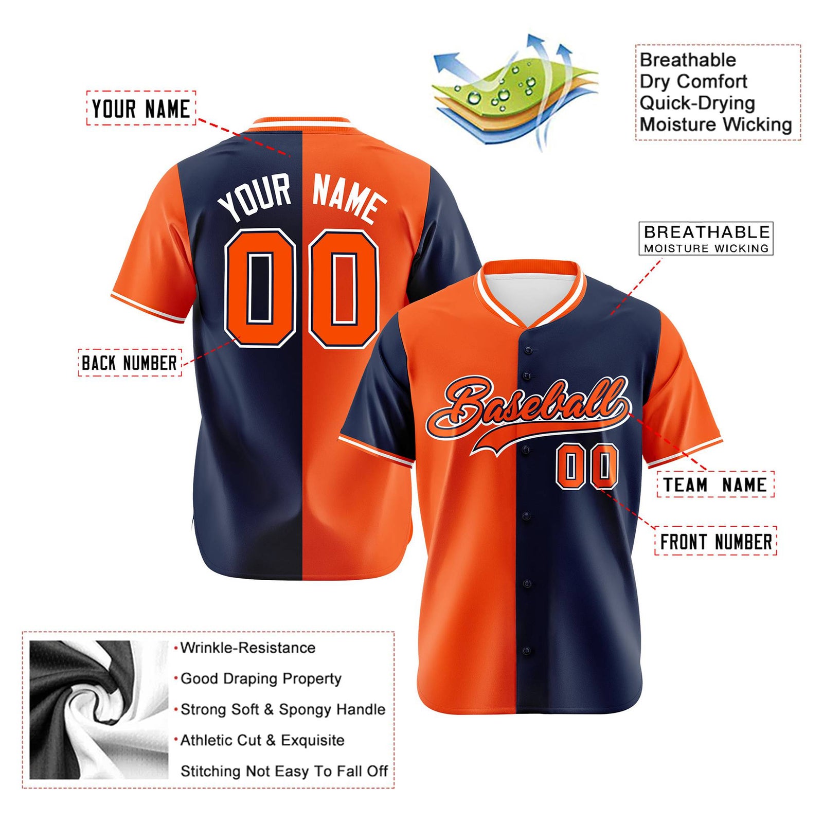 Custom Orange Navy Authentic Split Fashion Baseball Jersey
