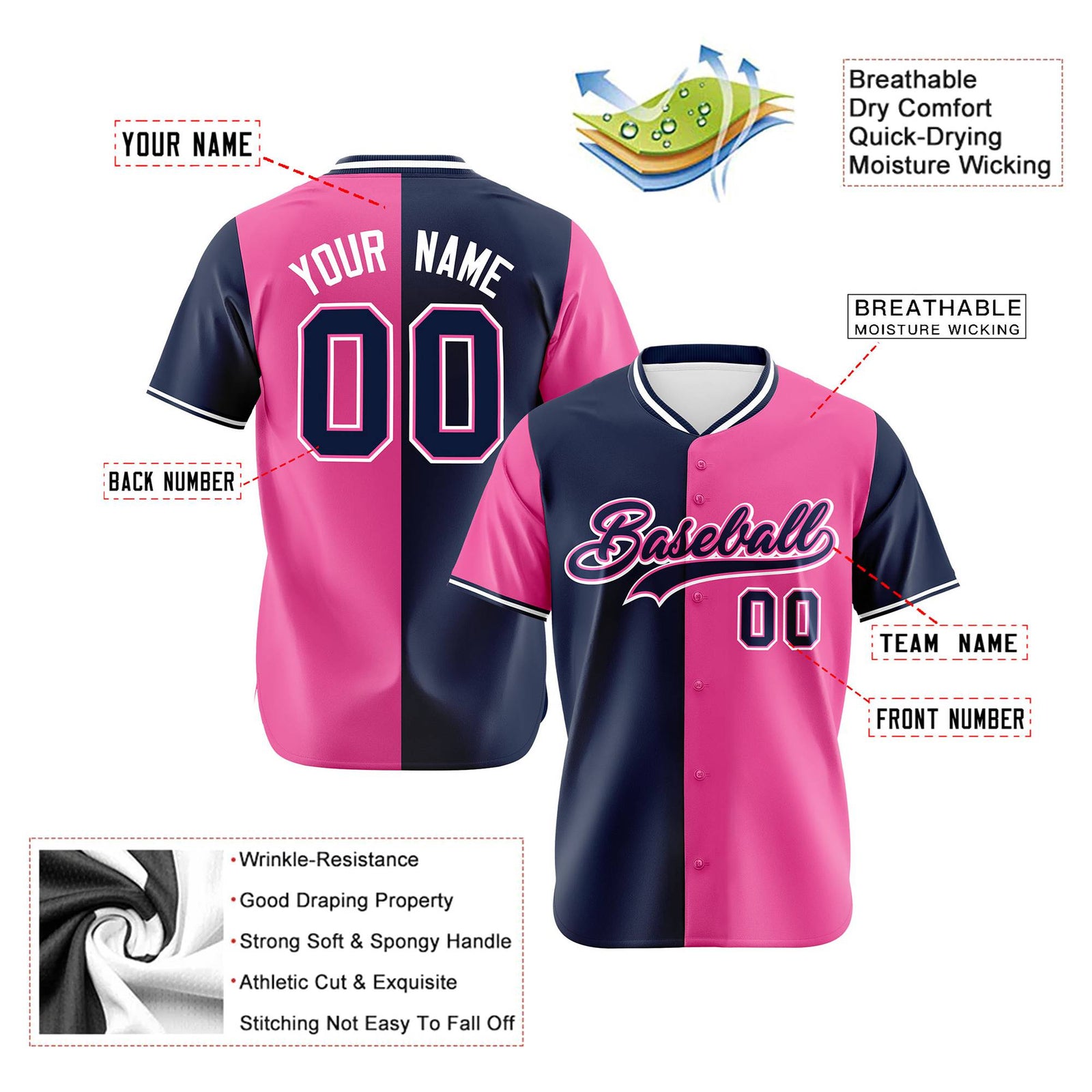 Custom Navy Pink Authentic Split Fashion Baseball Jersey