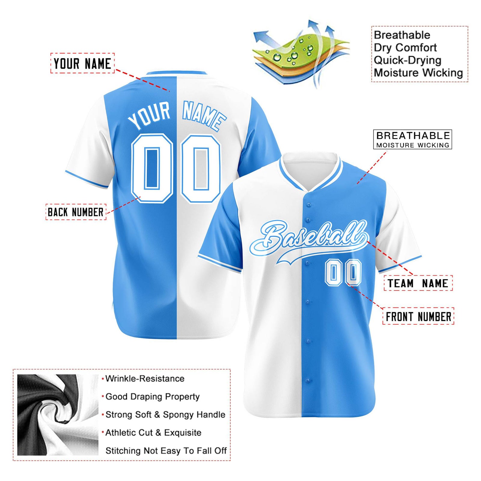 Custom White Powder Blue Authentic Split Fashion Baseball Jersey