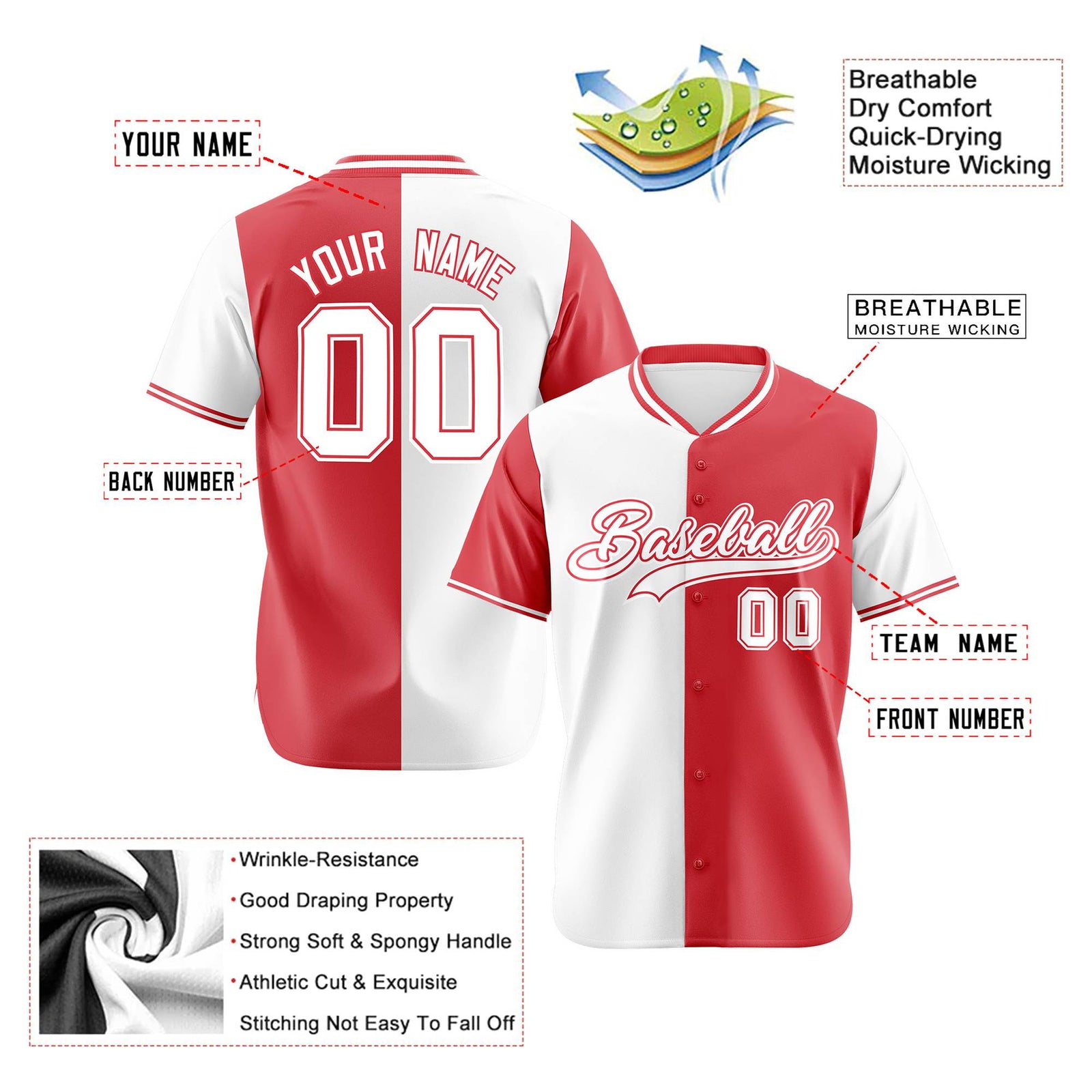 Custom White Light Red Authentic Split Fashion Baseball Jersey