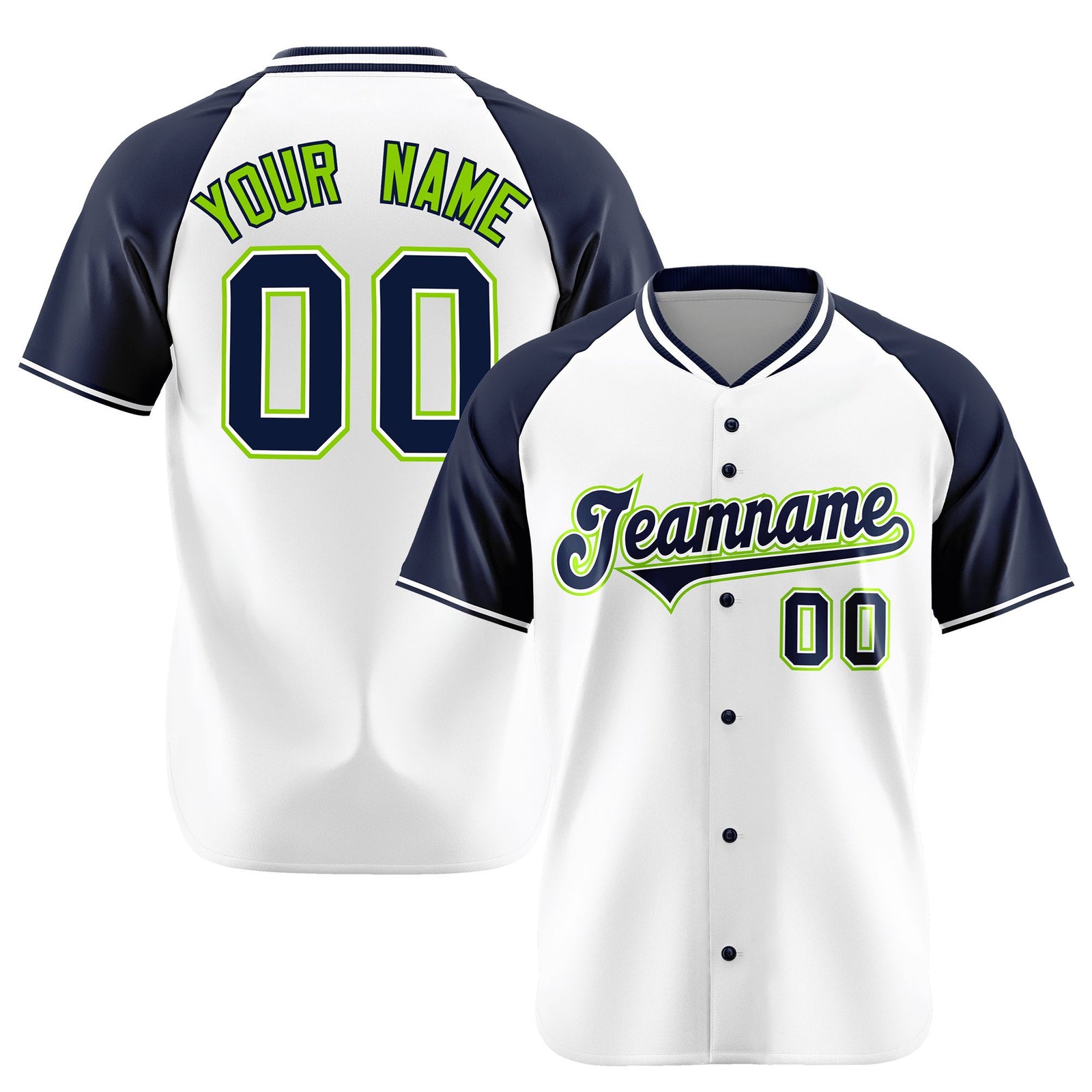 Custom White Navy Neon Green Authentic Colored Buttons Baseball Jersey