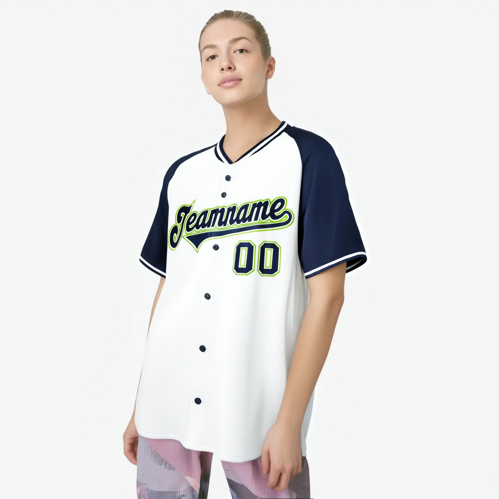Custom White Navy Neon Green Authentic Colored Buttons Baseball Jersey