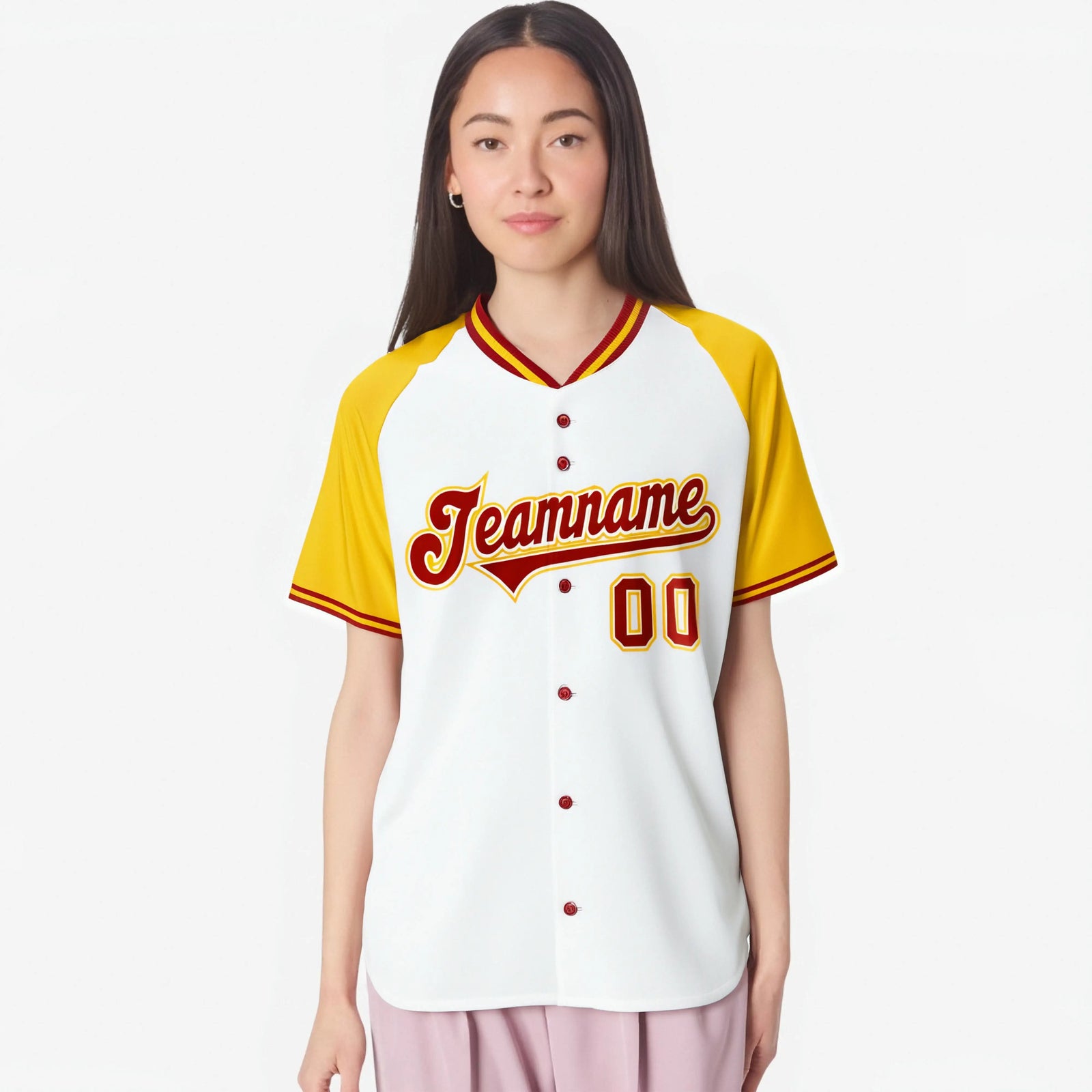 Custom White Yellow Red Authentic Colored Buttons Baseball Jersey