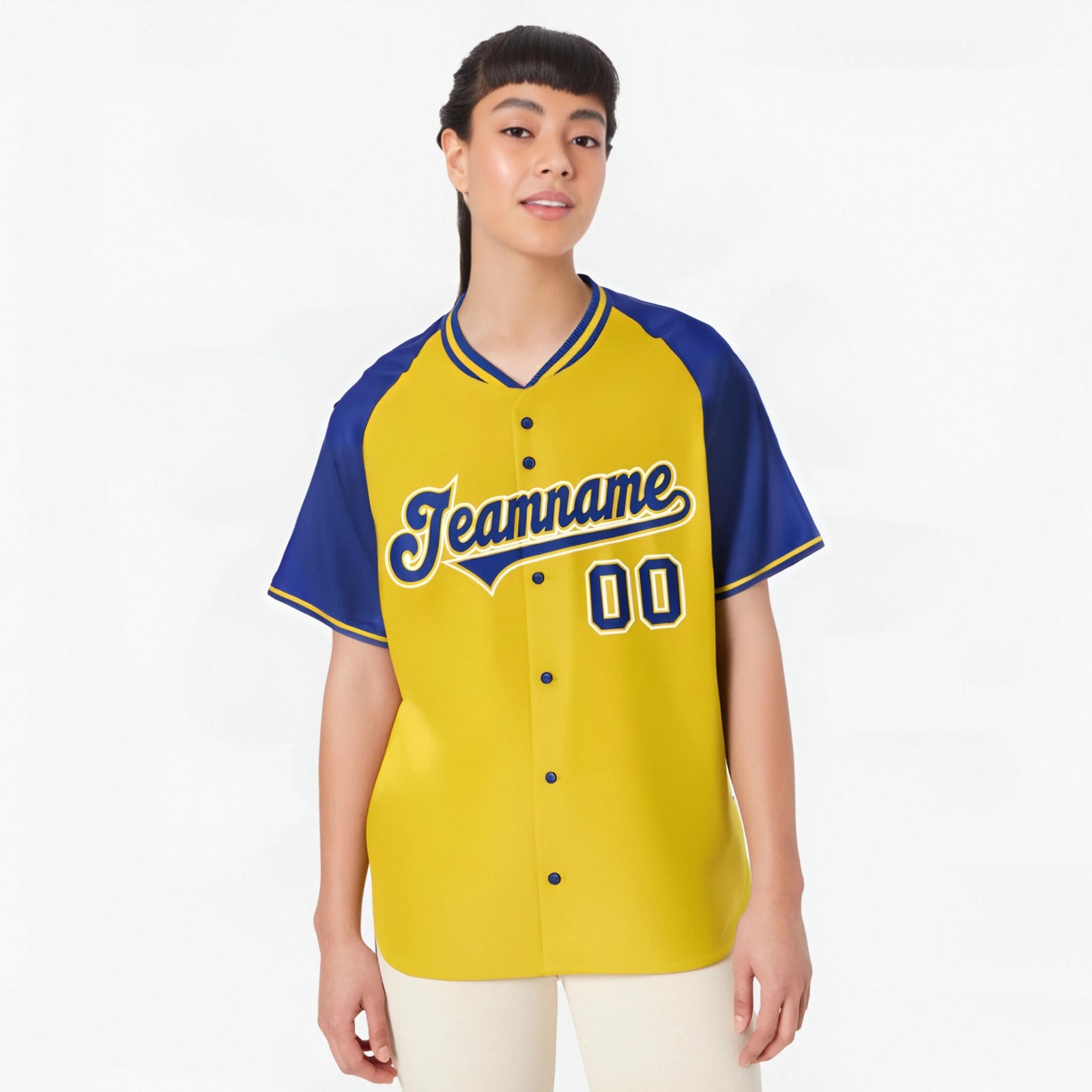 Custom Yellow Blue White Authentic Colored Buttons Baseball Jersey