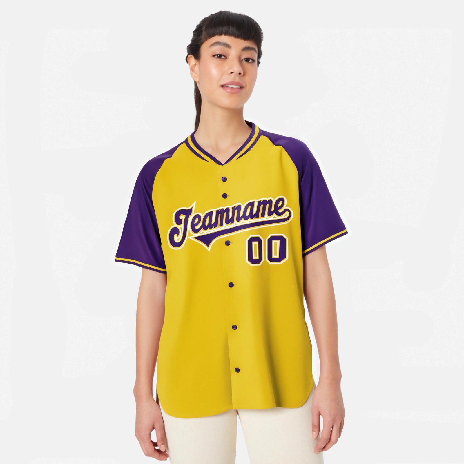 Custom Yellow Purple White Authentic Colored Buttons Baseball Jersey
