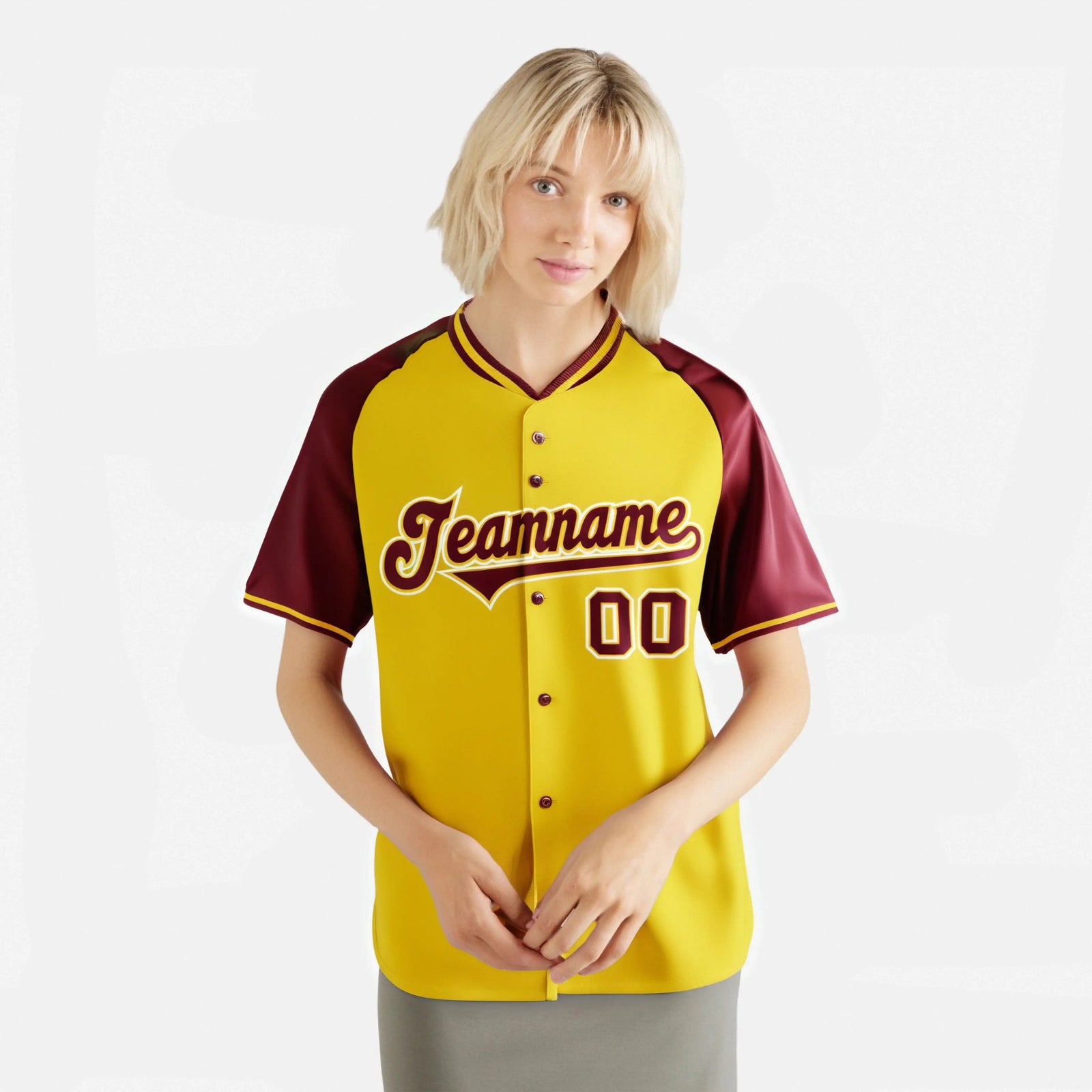 Custom Yellow Burgundy White Authentic Colored Buttons Baseball Jersey