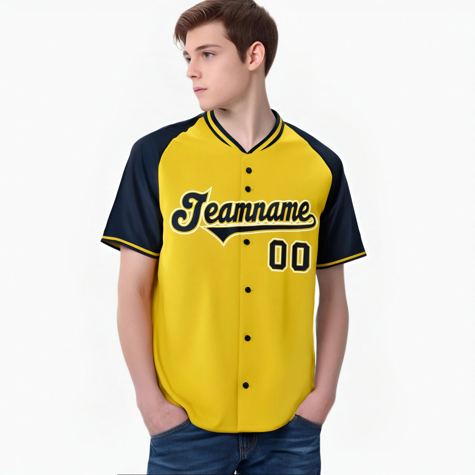 Custom Yellow Navy White Authentic Colored Buttons Baseball Jersey
