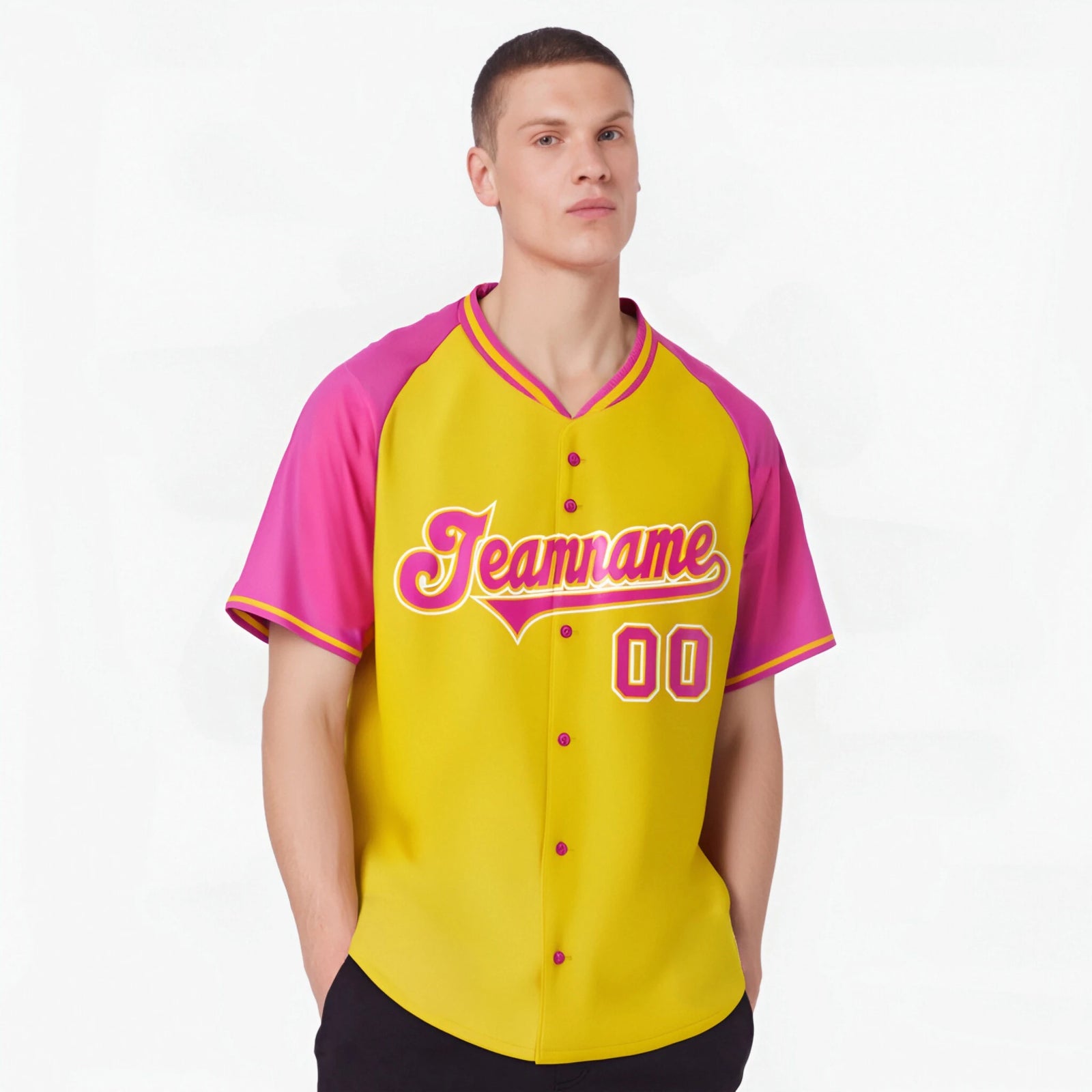 Custom Yellow Pink White Authentic Colored Buttons Baseball Jersey