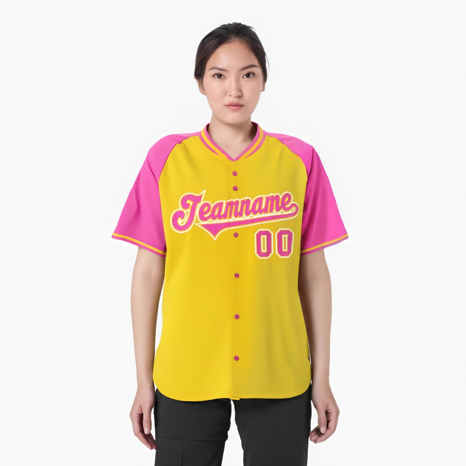 Custom Yellow Pink White Authentic Colored Buttons Baseball Jersey