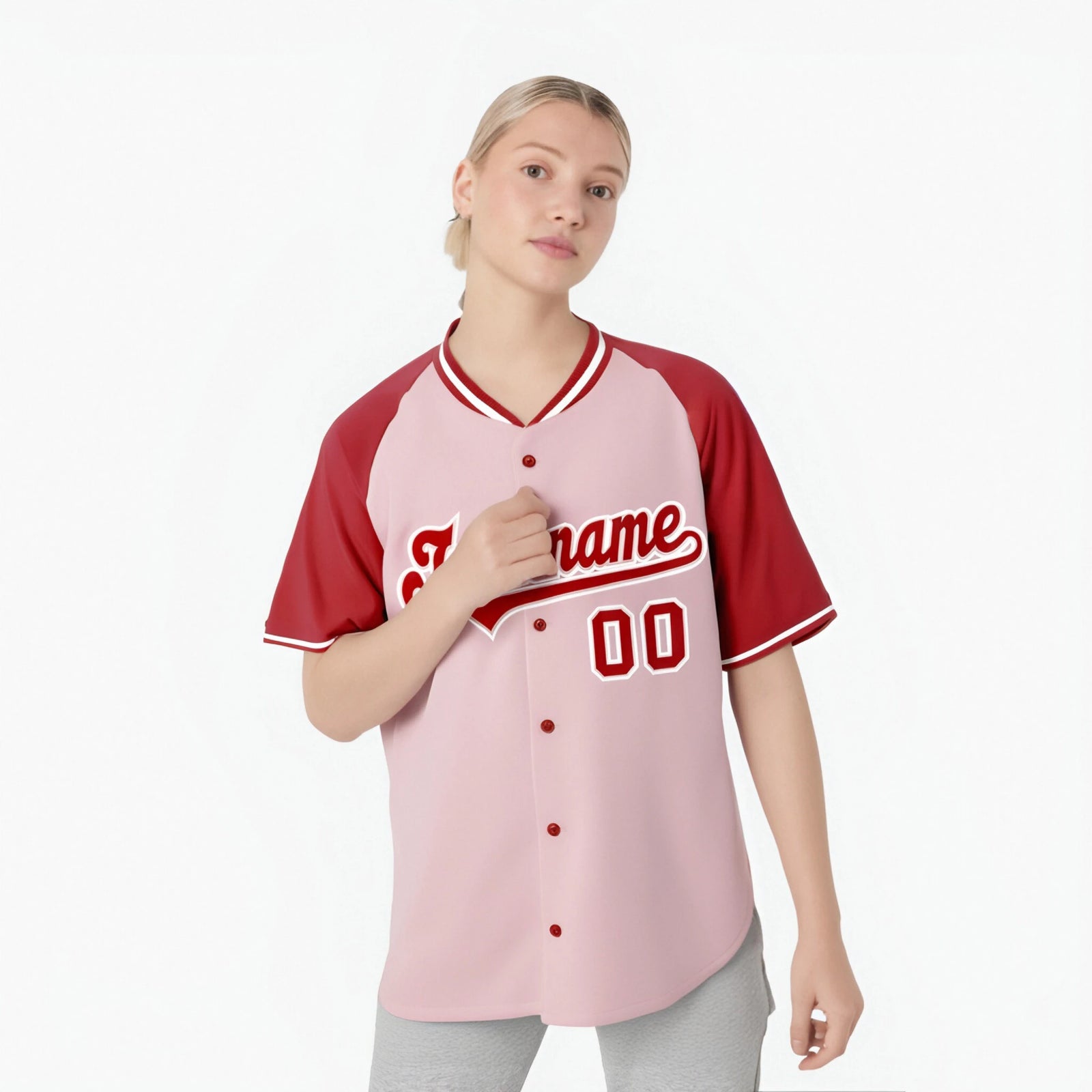 Custom Pink Red White Authentic Colored Buttons Baseball Jersey