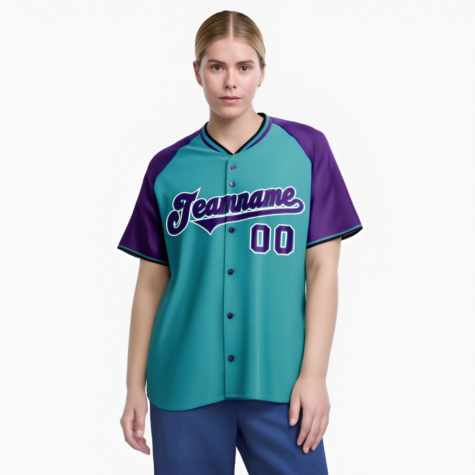 Custom Aqua Purple White Authentic Colored Buttons Baseball Jersey