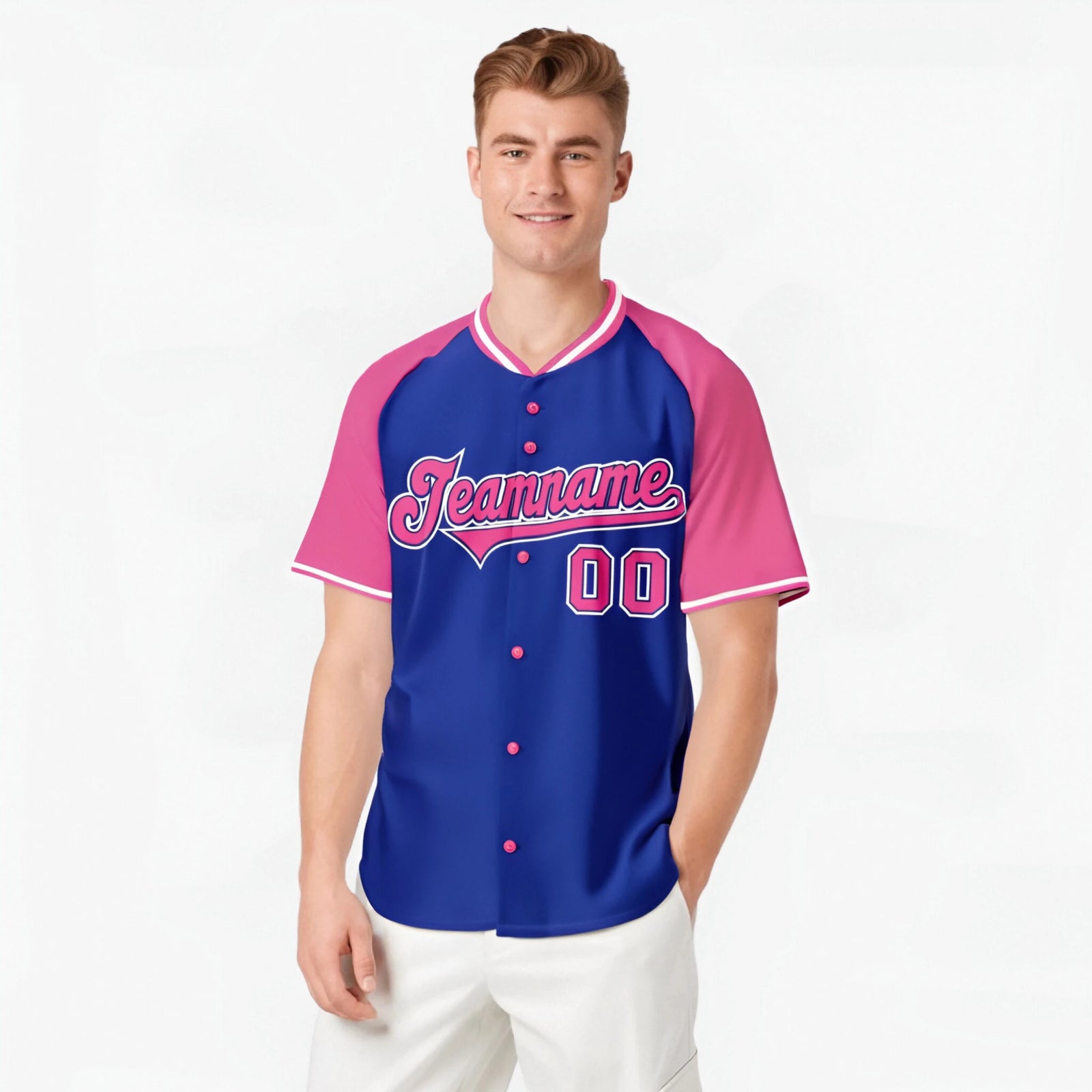 Custom Purple Pink White Authentic Colored Buttons Baseball Jersey