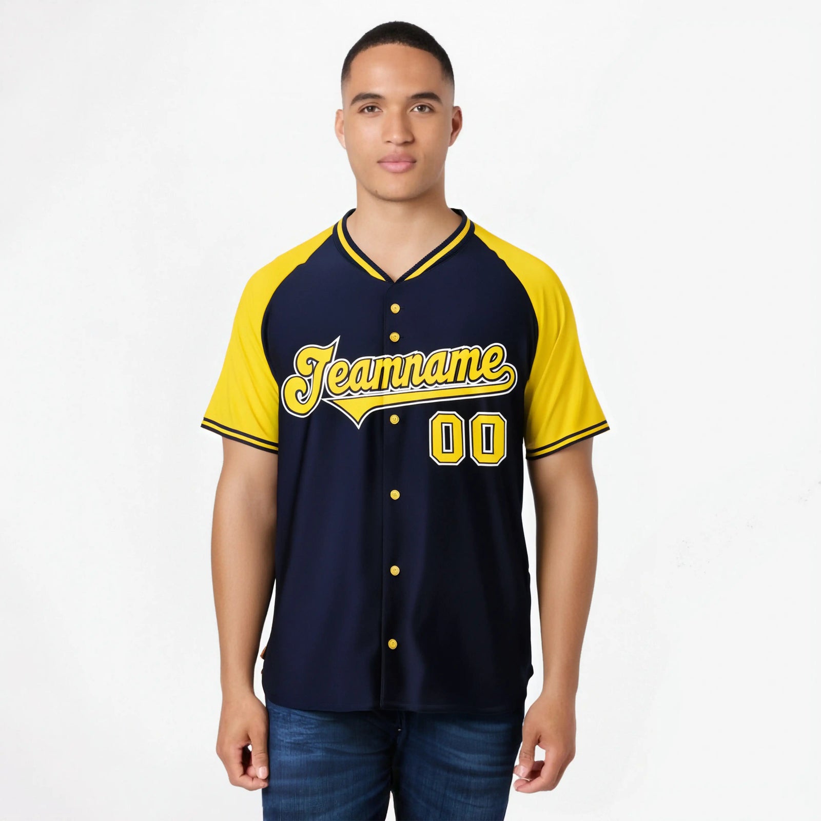 Custom Navy Yellow White Authentic Colored Buttons Baseball Jersey