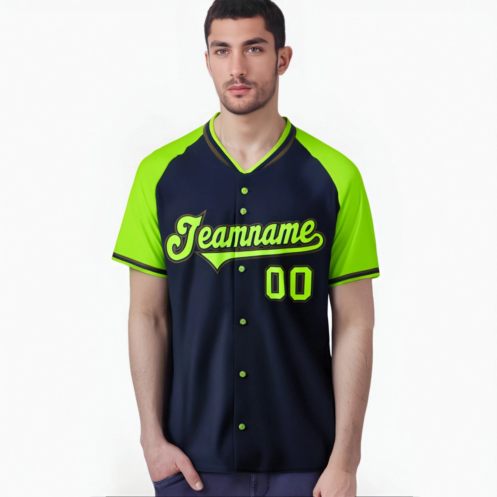 Custom Navy Neon Green Olive Authentic Colored Buttons Baseball Jersey