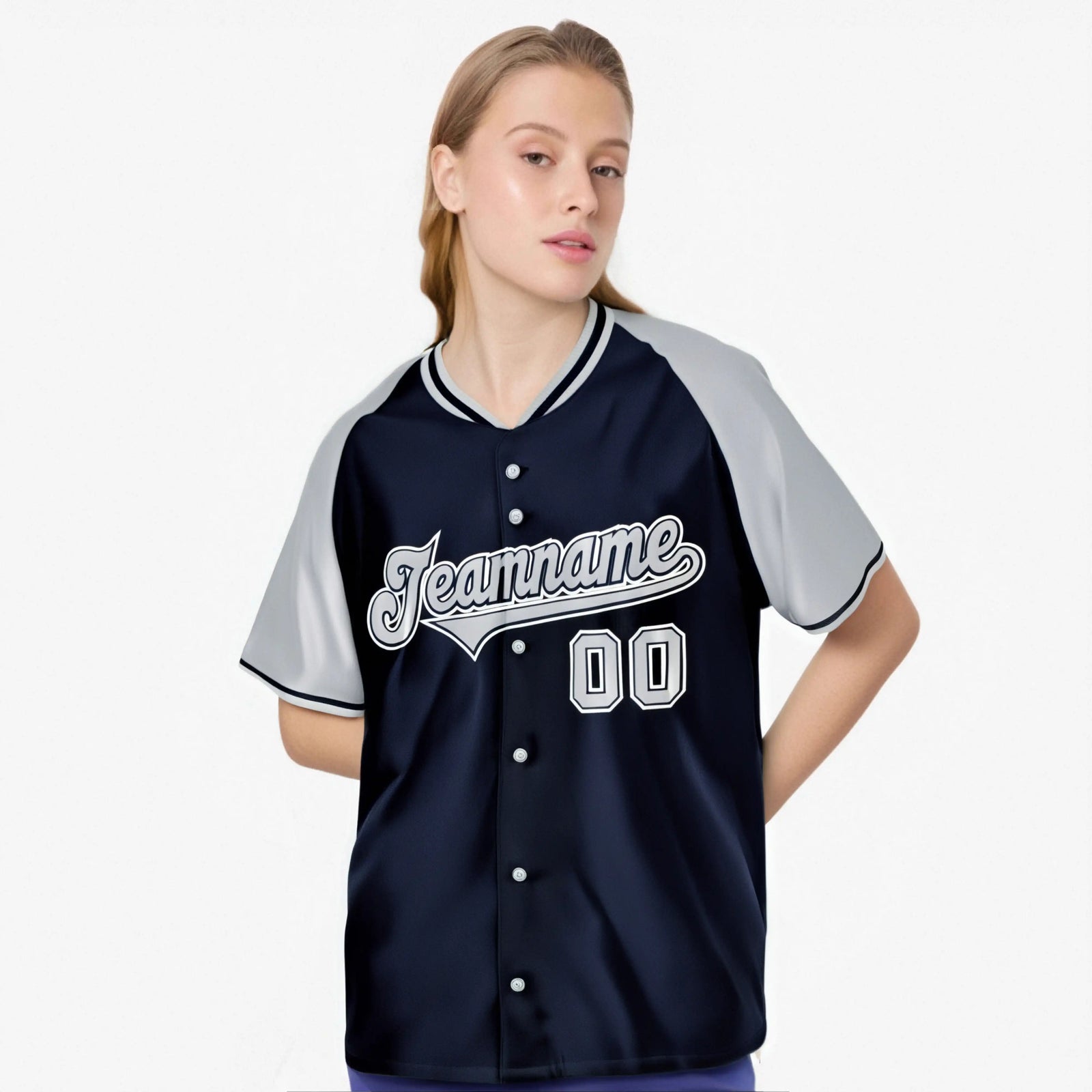 Custom Navy Gray White Authentic Colored Buttons Baseball Jersey