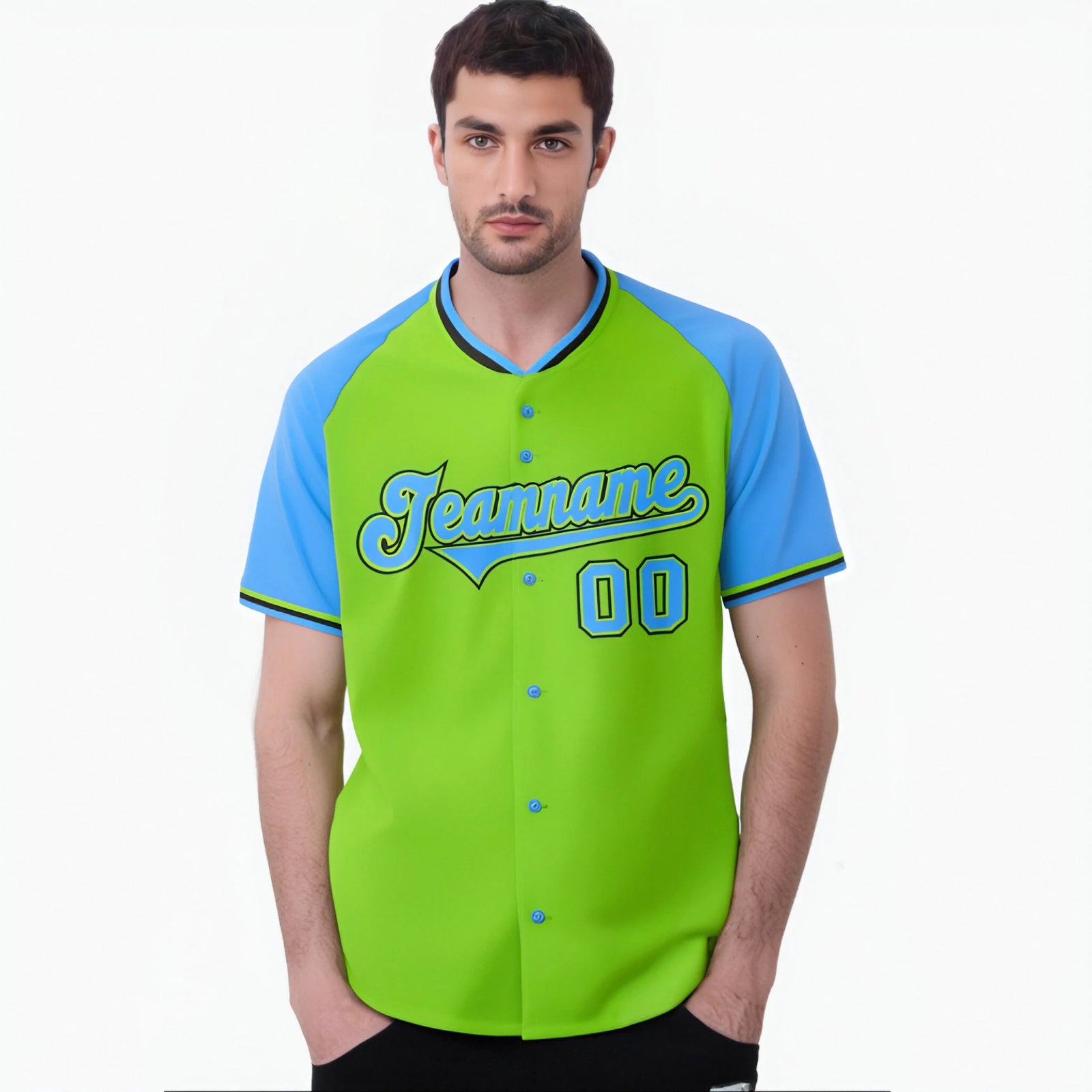 Custom Neon Green Blue Black Authentic Colored Buttons Baseball Jersey