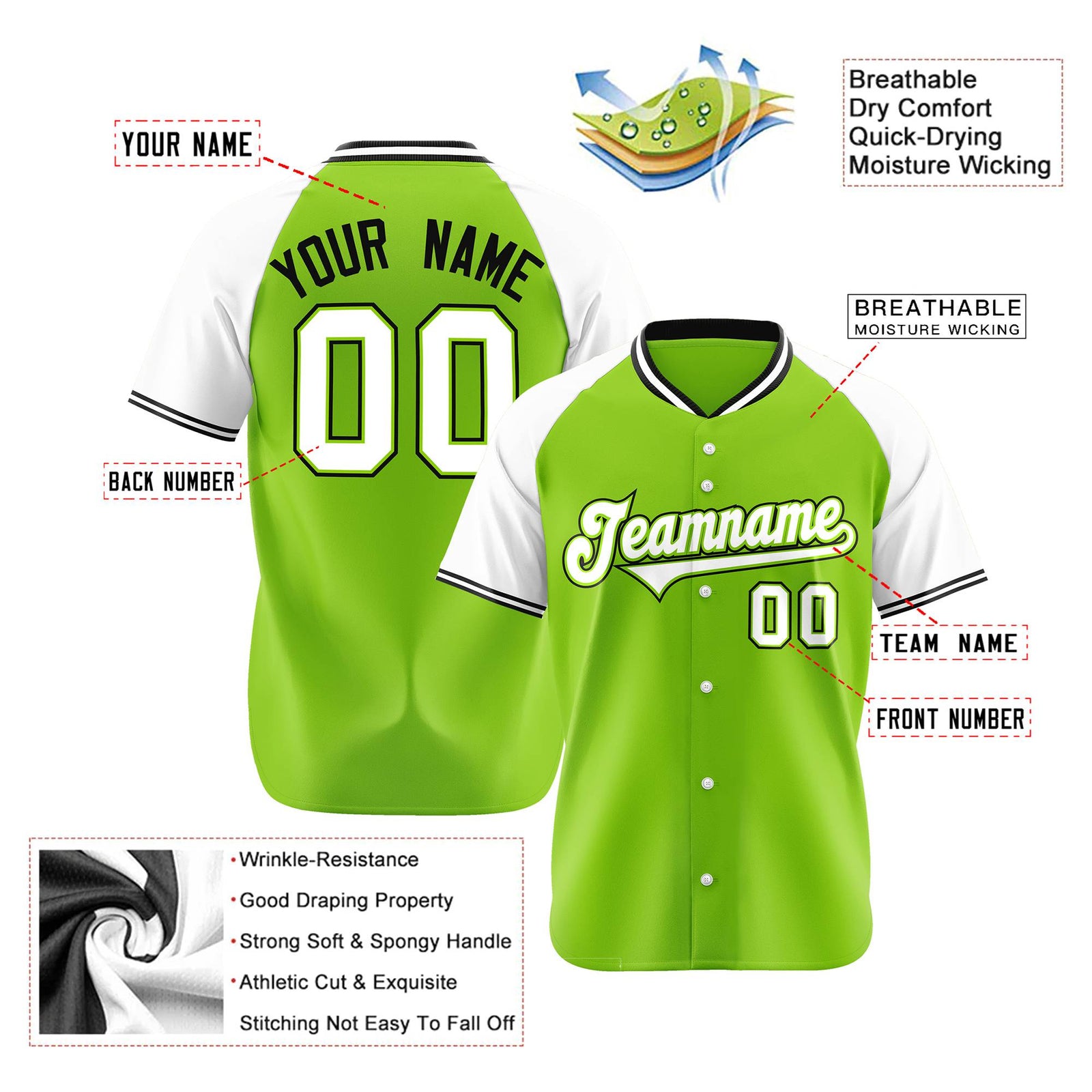 Custom Neon Green White Black Authentic Colored Buttons Baseball Jersey