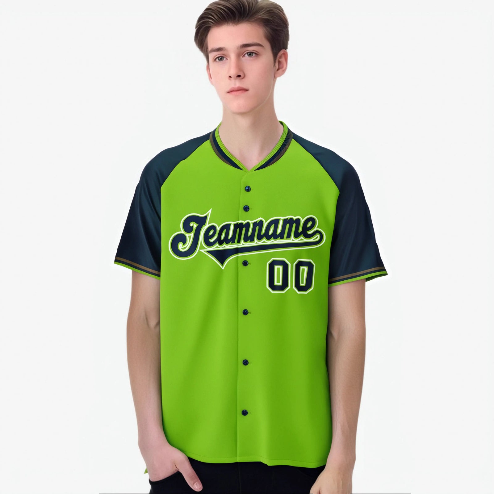 Camiseta de béisbol personalizada con botones auténticos de color verde neón, azul marino y blanco