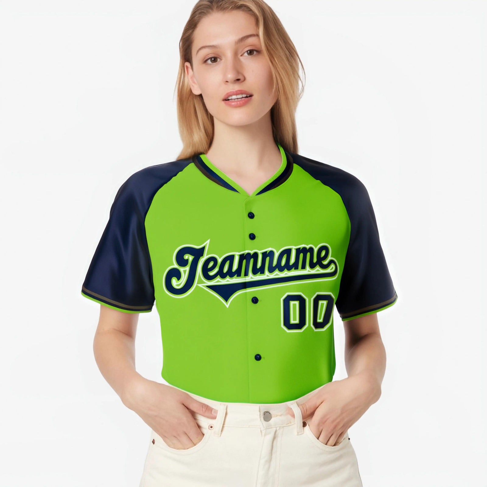 Custom Neon Green Navy White Authentic Colored Buttons Baseball Jersey