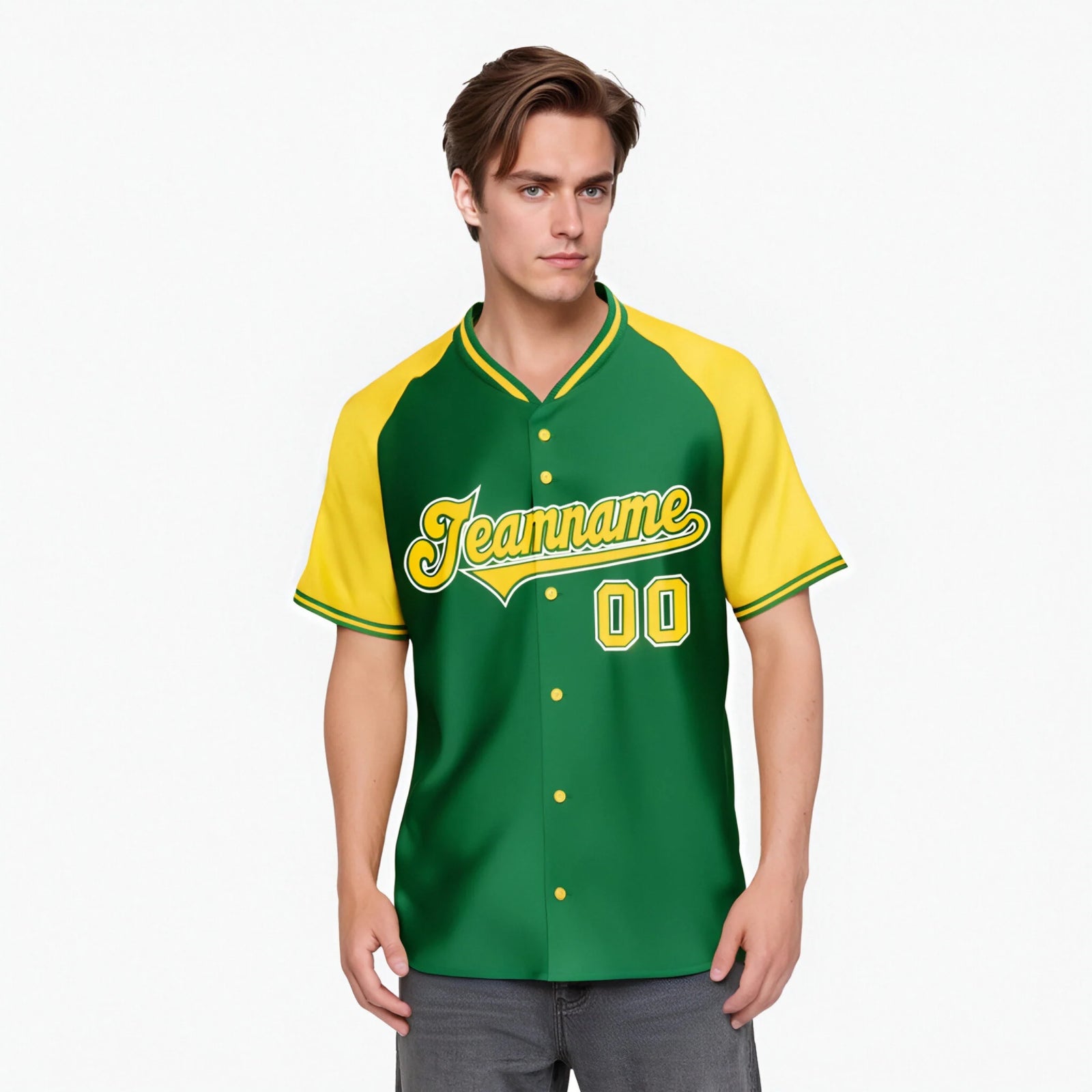 Custom Kelly Green Yellow White Authentic Colored Buttons Baseball Jersey