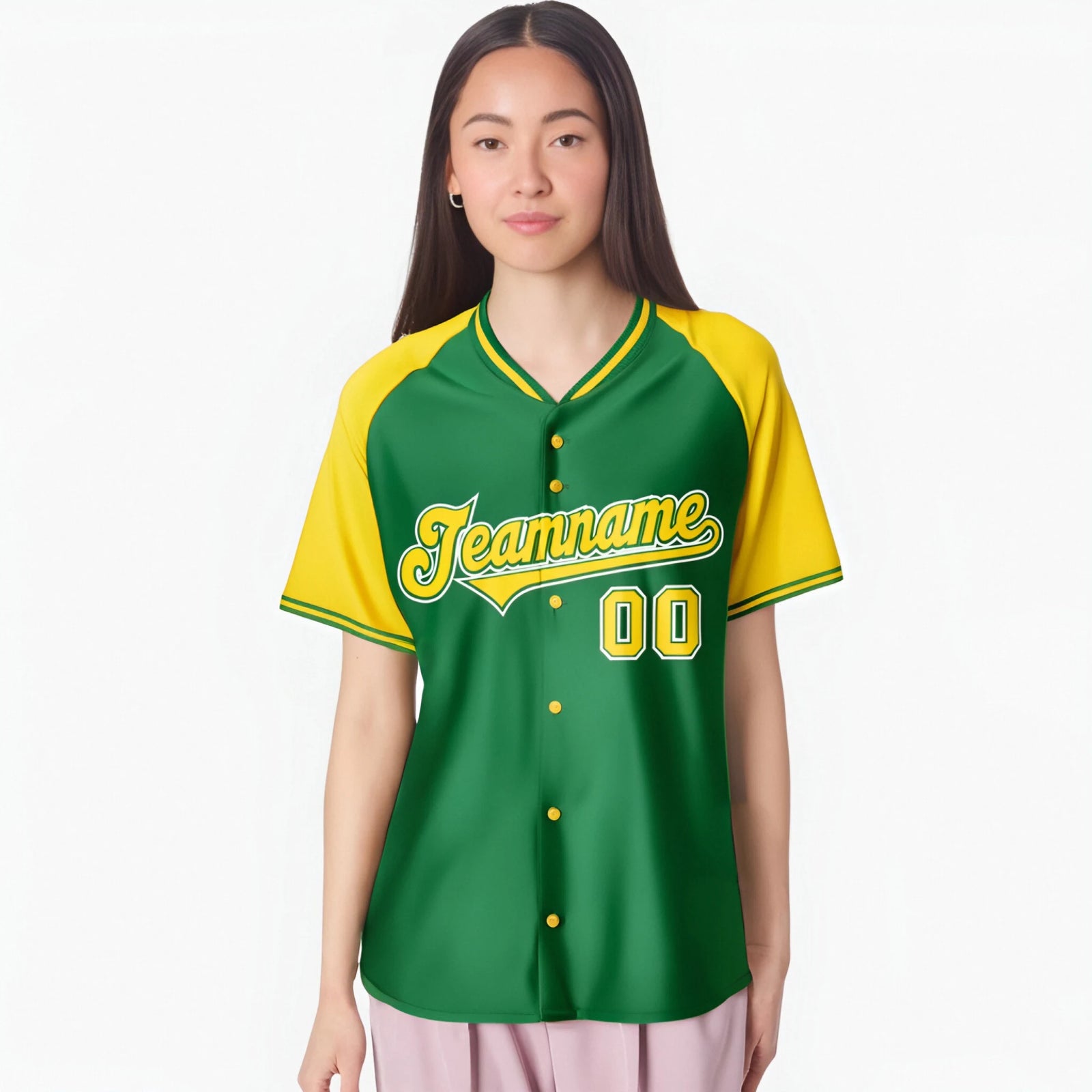 Custom Kelly Green Yellow White Authentic Colored Buttons Baseball Jersey