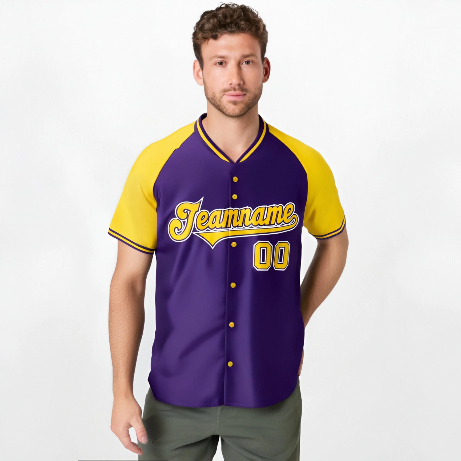 Custom Purple Yellow White Authentic Colored Buttons Baseball Jersey