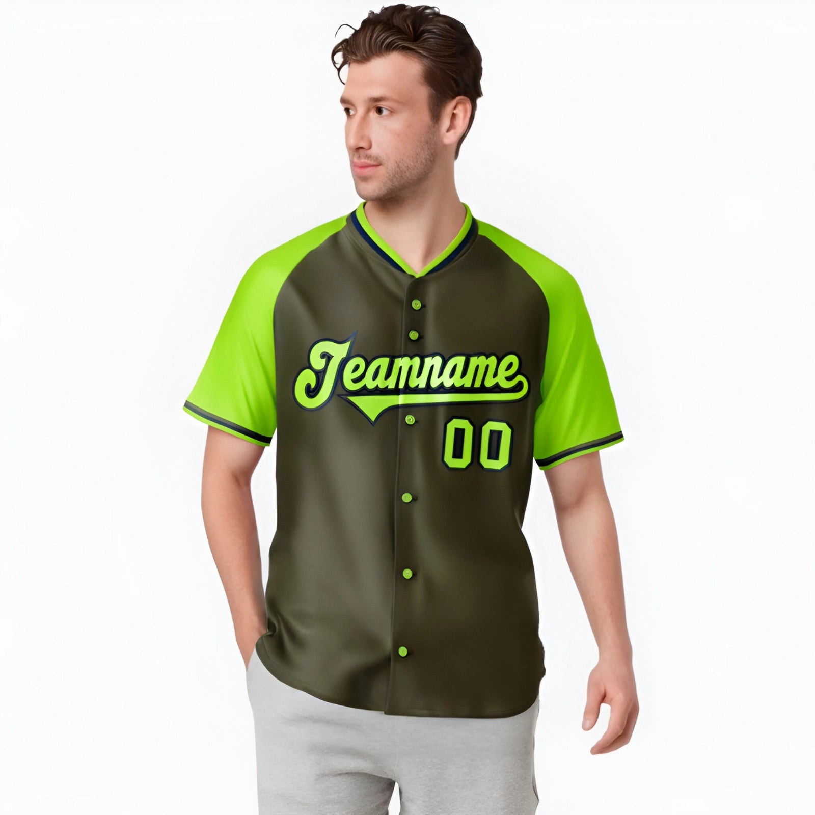 Custom Olive Neon Green Black Authentic Colored Buttons Baseball Jersey