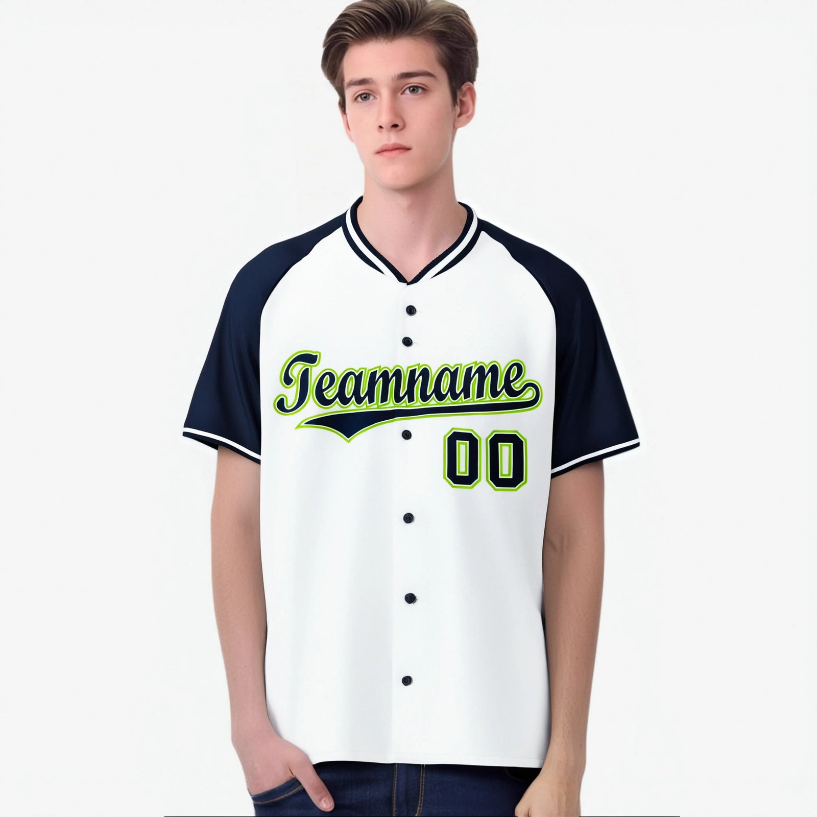 Custom White Navy Neon Green Authentic Colored Buttons Baseball Jersey