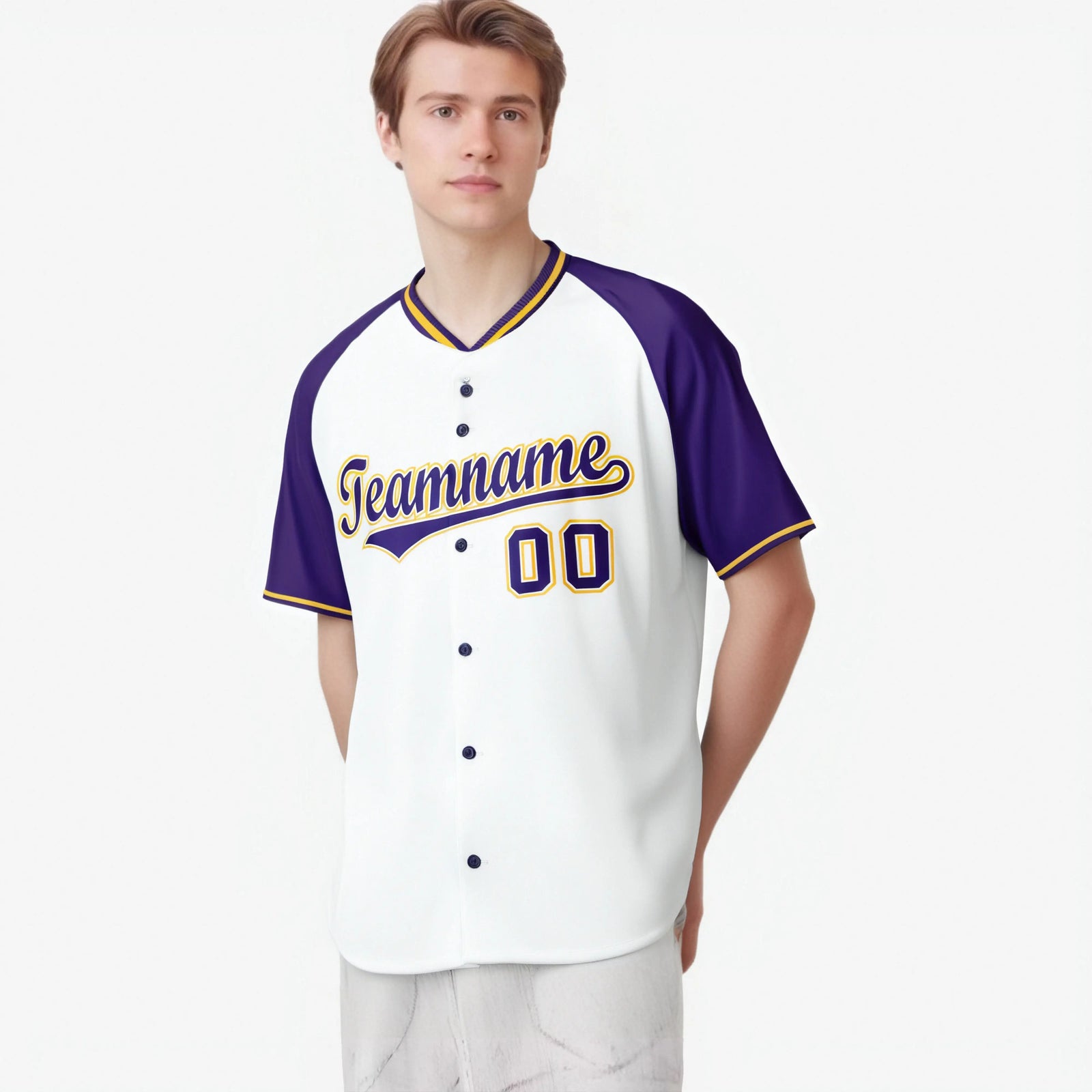 Custom White Purple Yellow Authentic Colored Buttons Baseball Jersey