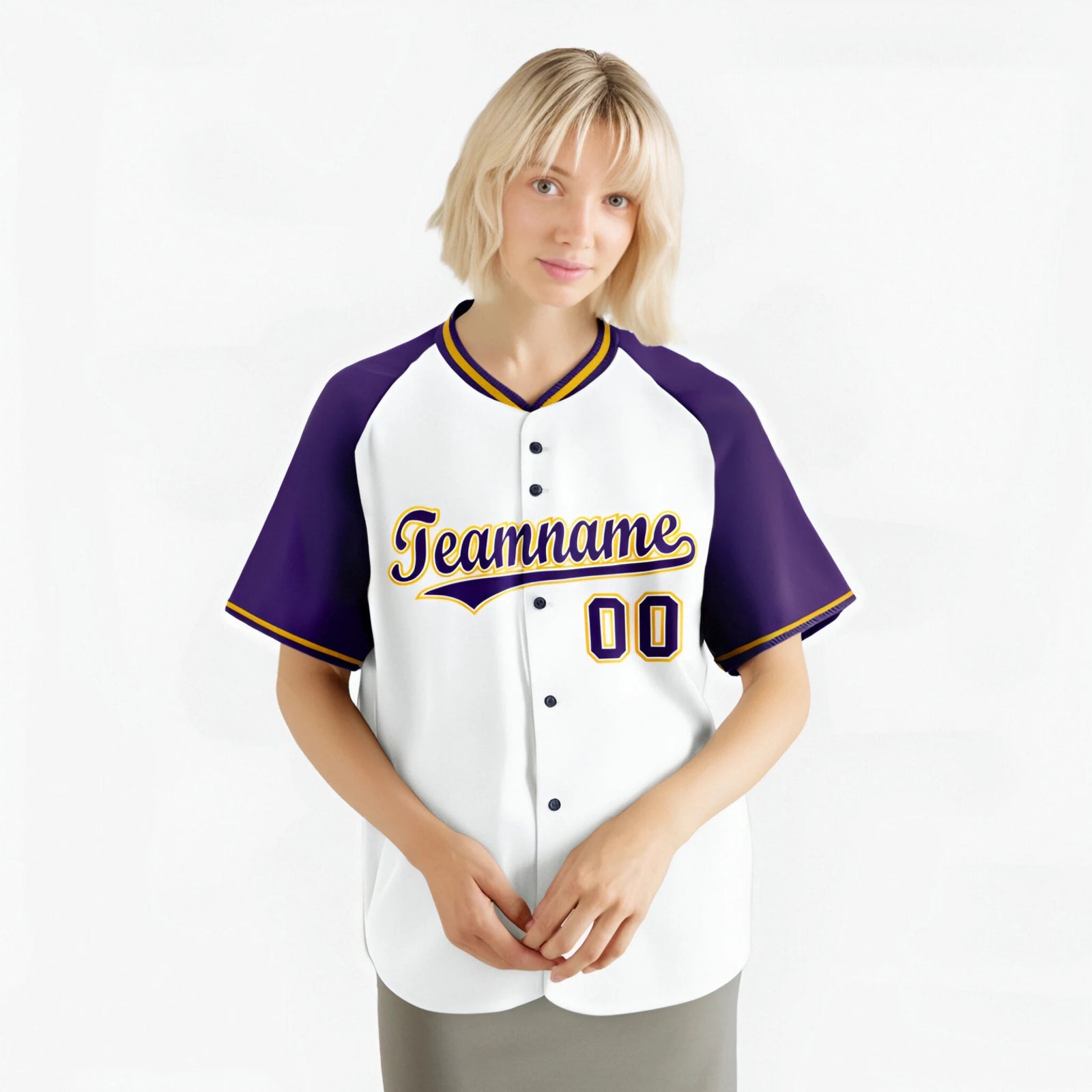 Custom White Purple Yellow Authentic Colored Buttons Baseball Jersey