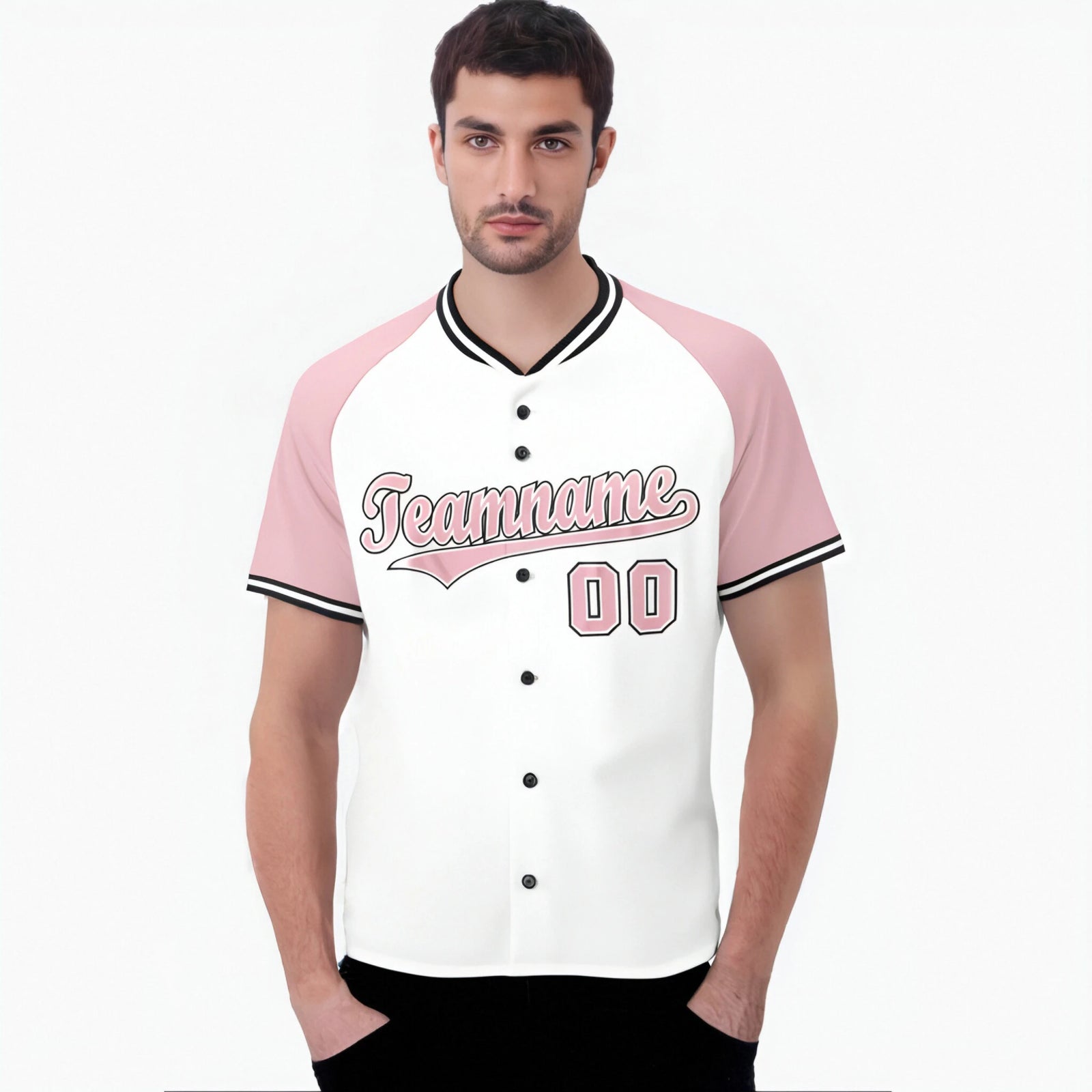Custom White Pink Black Authentic Colored Buttons Baseball Jersey