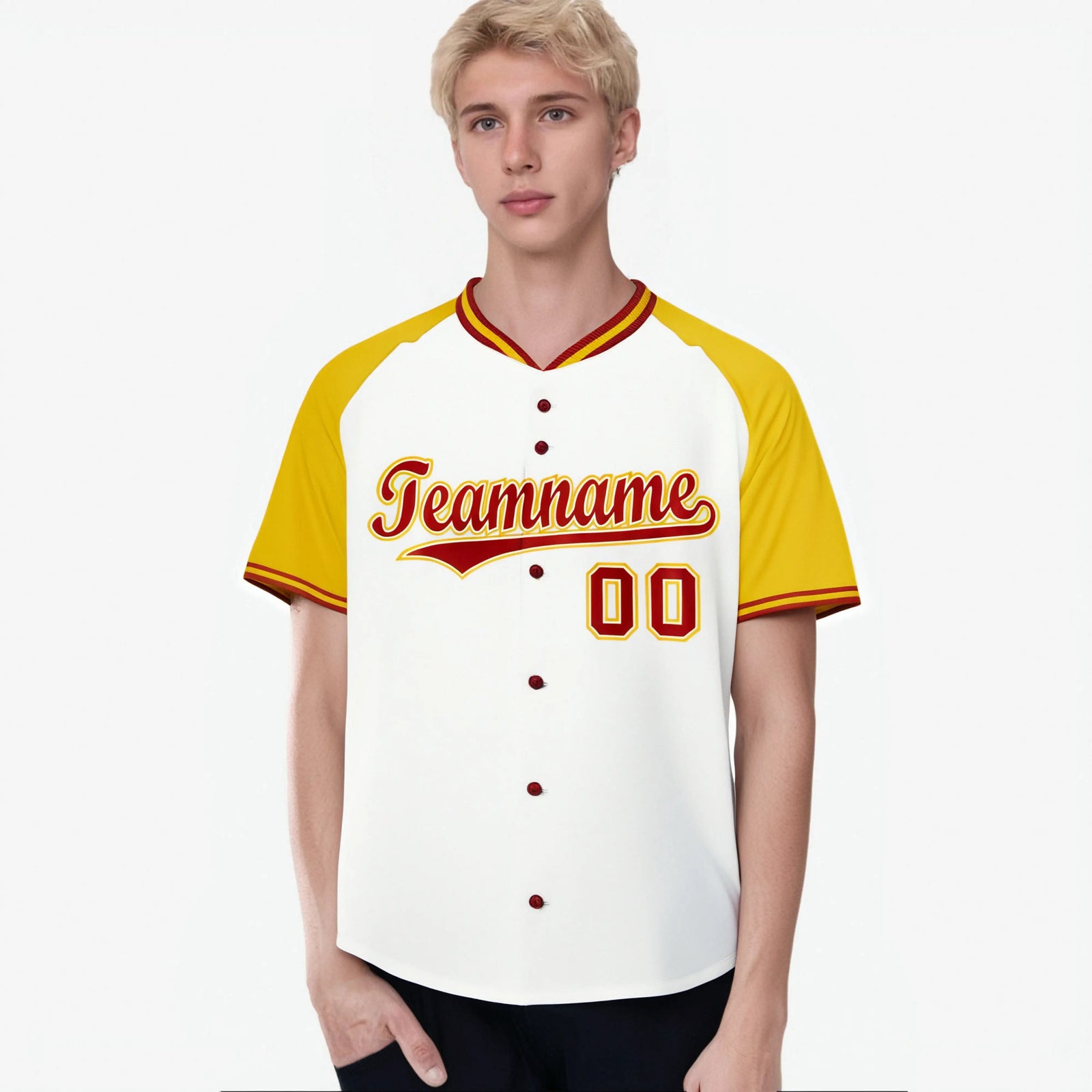 Custom White Yellow Red Authentic Colored Buttons Baseball Jersey