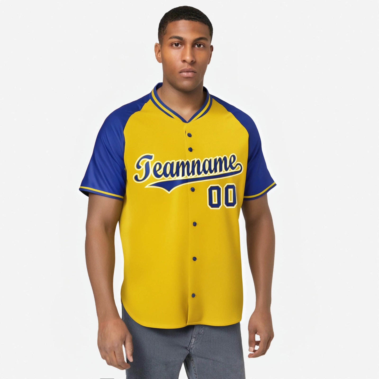 Custom Yellow Blue White Authentic Colored Buttons Baseball Jersey