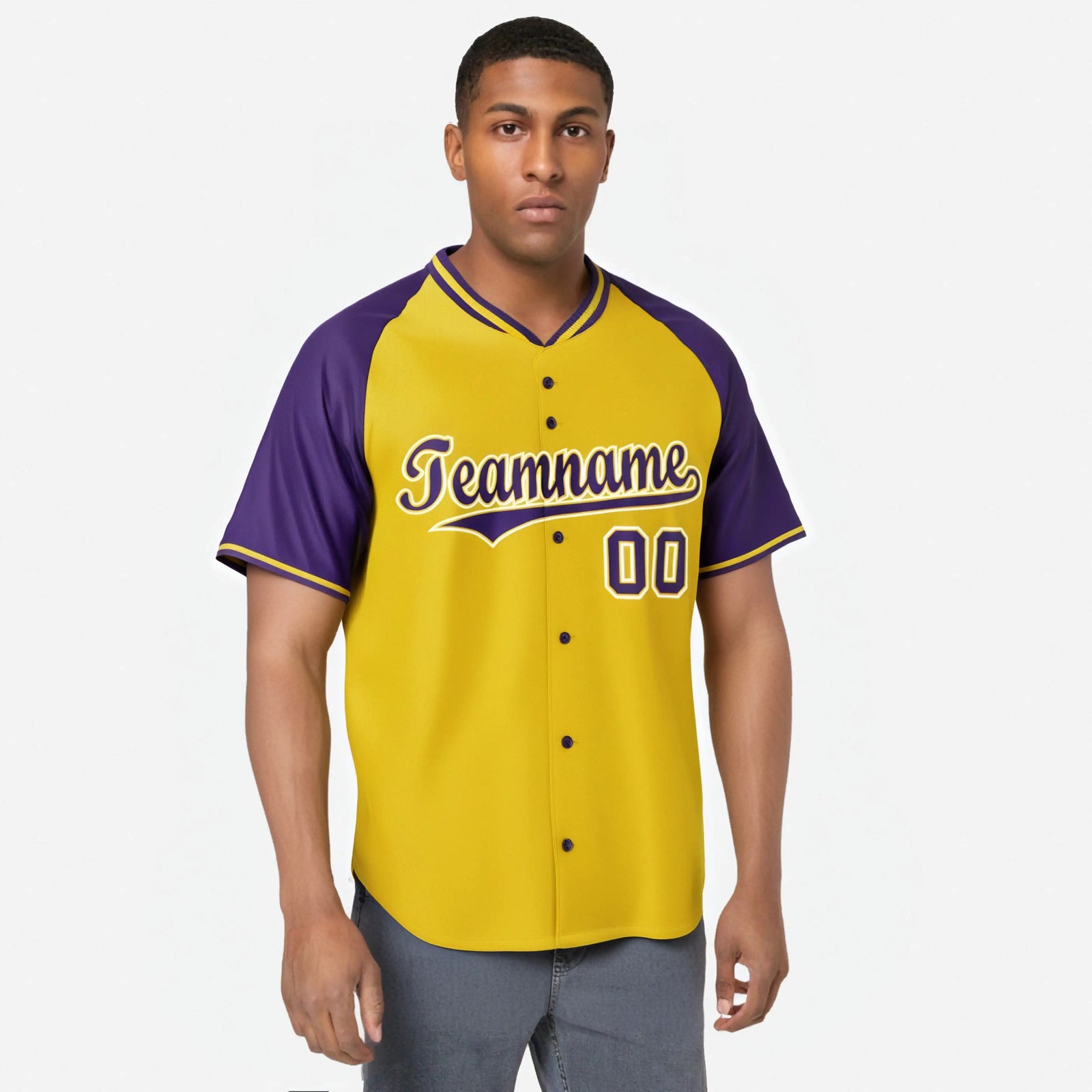 Custom Yellow Purple White Authentic Colored Buttons Baseball Jersey